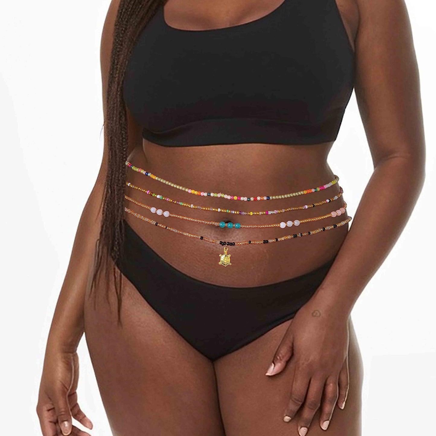 ELABEST 24-39inch African Waist Beads for Women 8Pcs Elastic Belly Beads Colorful Beaded Waist Jewelry Accessories Body Chain (Gold, 39.3inch/100cm)