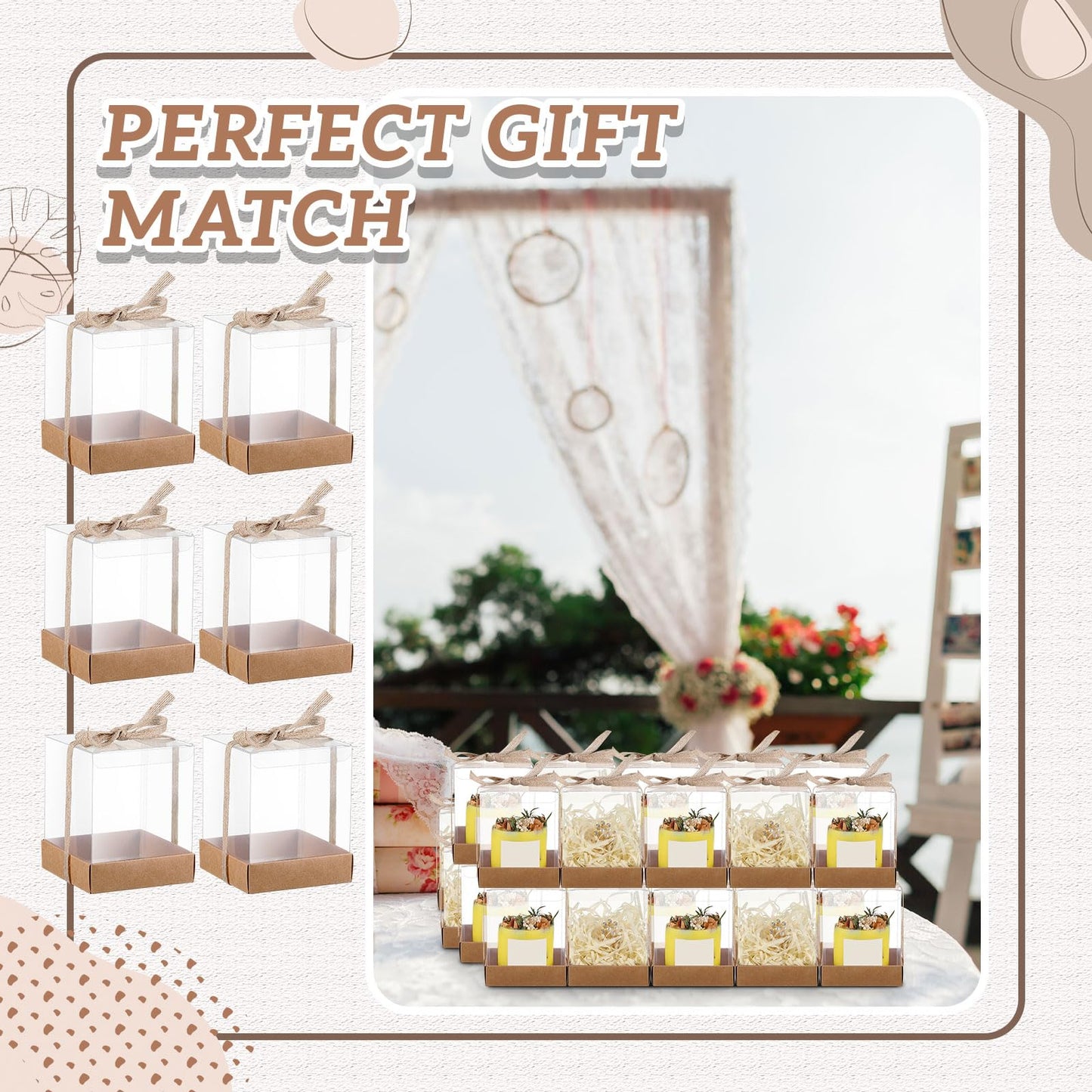 Cunno 24 Sets 3.5 x 3.5 x 4.3 in Candle Gift Package Valentine's Transparent Box 4-18 oz Handmade Tealight Candle Holder Paper Bottom Ribbon for Wedding Baby Shower Party Mug (Brown)