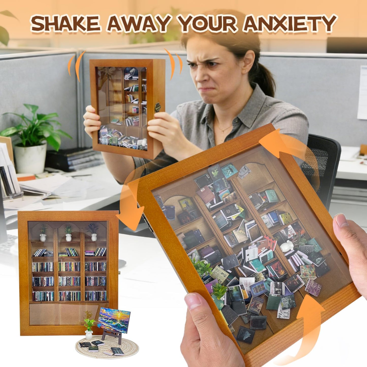 KALOPEZY Mini Bookshelf for Desk with 260 Tiny Books, DIY Anxiety Relief Wooden Book Nook Kit with Side Door, Acrylic Display Case with Easel Plant Rug, Stress Relief Decor Gift for Book Lovers Women