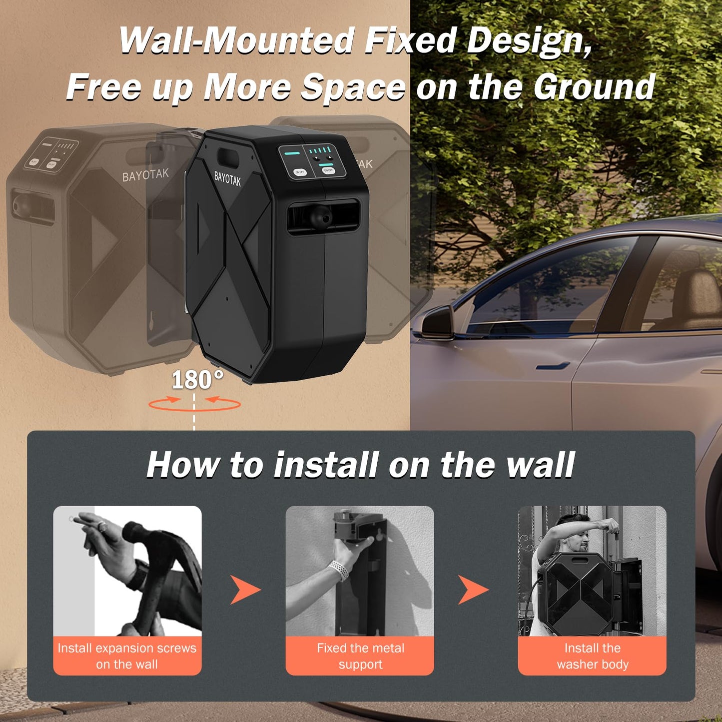 BAYOTAK Pressure Washer, 5000MAX-PSI Wall Mounted Power Washer with 100 FT Retractable Hose, Remote Control, Foam Cannon, 5 Connect Nozzles for Garage/Patio/Home Cleaning