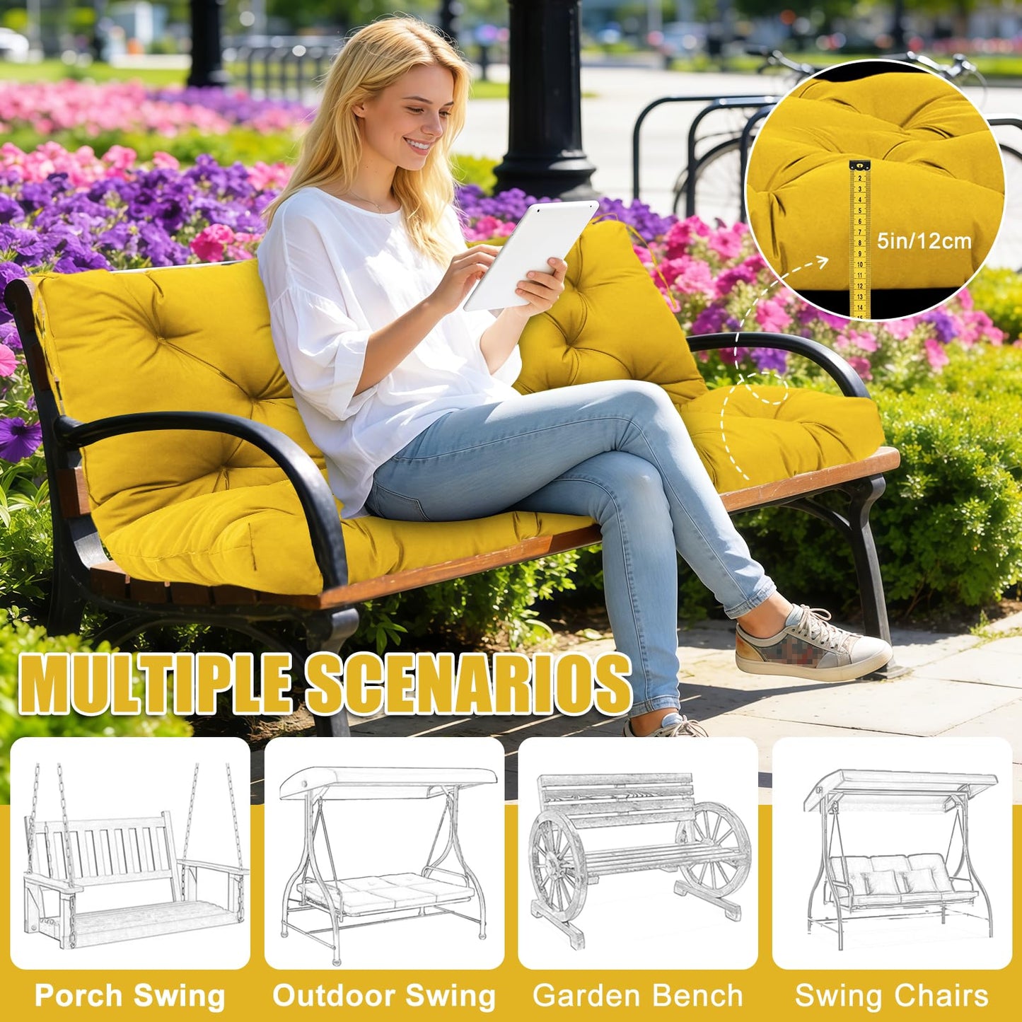 Mokoey Porch Swing Cushions 60 inch Bench Cushion Waterproof Outdoor Swing Cushions 3 Seater Thick 5in Replacement Swing Cushions for Outdoor Furniture Patio (Yellow-60x40 inch)