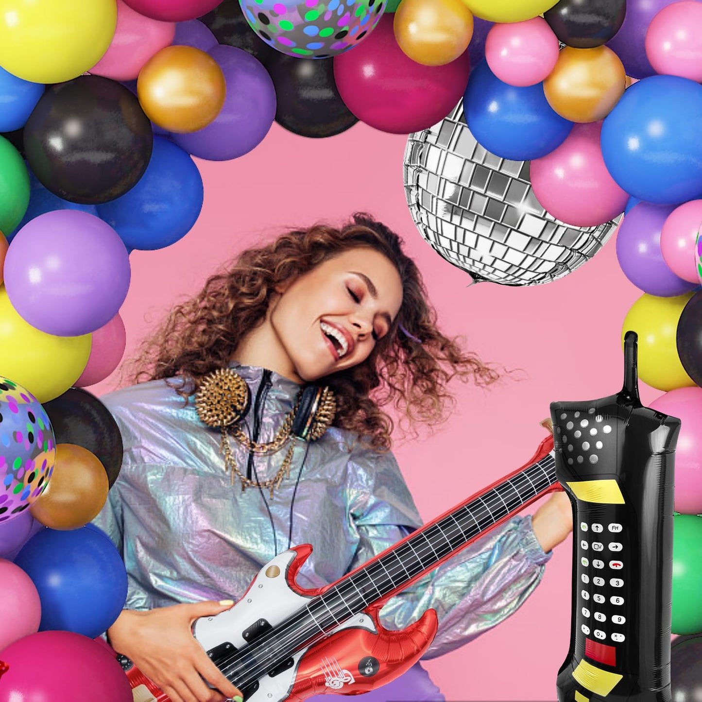 Amandir 80s 90s Theme Party Decorations, 90Pcs Balloon Garland Kit 6PCS Disco Ball Radio Boom Box Retro Mobile Phone Guitar Microphone Foil Balloons for Back to 80s 90s Hip Hop Birthday Supplies