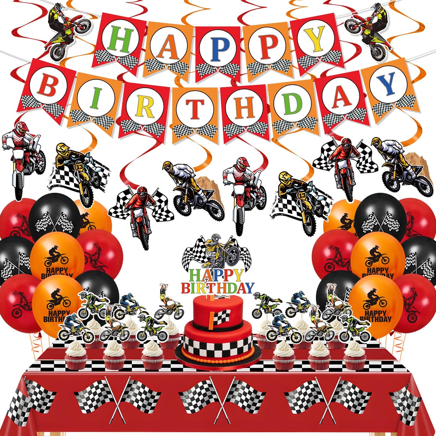 Dirt Bike Party Decorations Kit Motorcycle Theme Happy Birthday Banner Balloons Dirt Bike Hanging Swirls Tablecloth Cake Cupcake Toppers Decor for Boys Men Dirtbike Birthday Party Favors Supplies