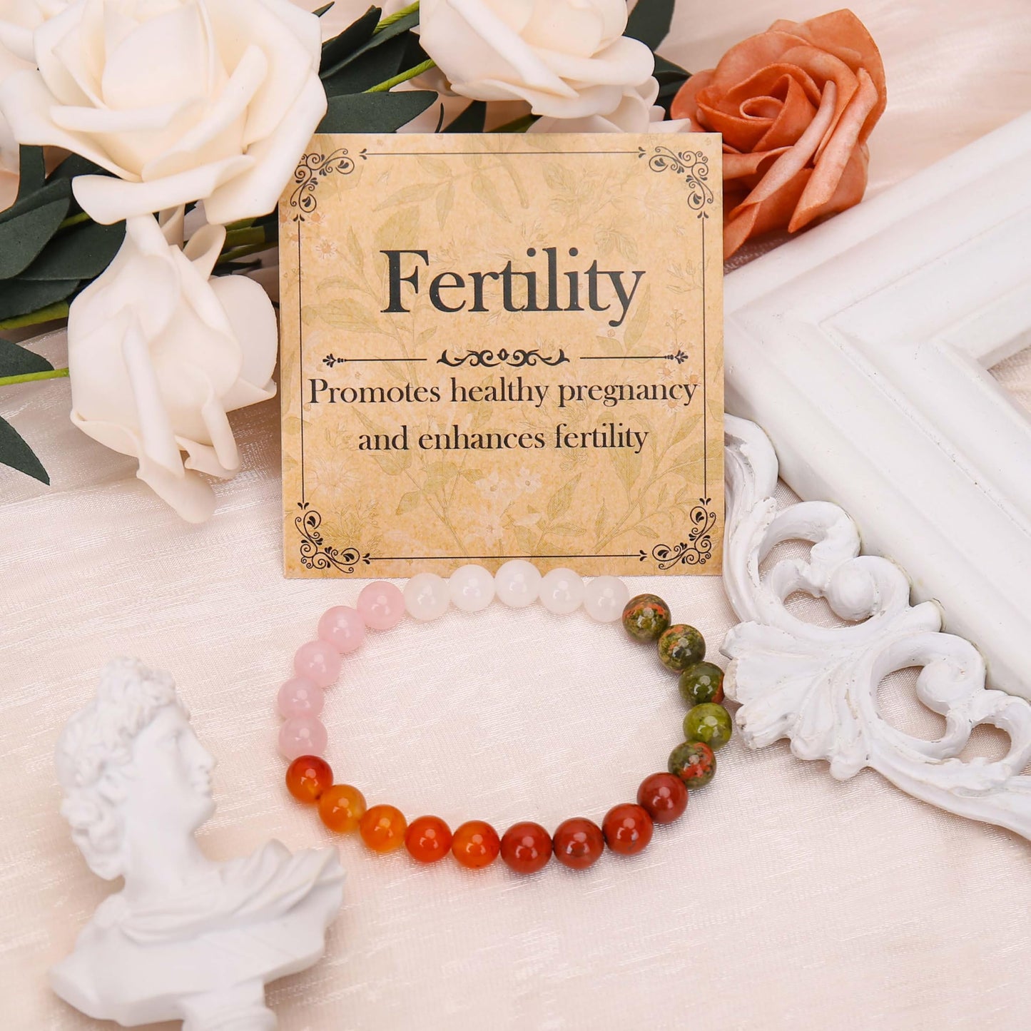 BONNY BOXX Mixed 8mm Natural Stone Bracelet for Fertility, Handmade Stretch Pink Quartz Red Jasper Bracelet Adjustable Crystal Healing Jewelry for Unisex Spiritual Gift