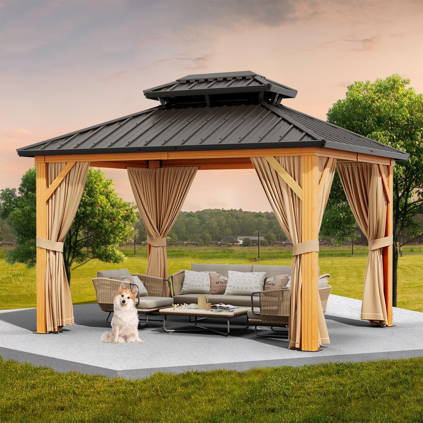 GarveeLife 10x12 ft Double Roof Hardtop Gazebo, Heavy Duty Galvanised Steel Hardtop Pavilion with Netting and Curtains, Faux Wood Grain Metal Gazebo for Patio, Terrace, Lawn and Deck, Wood Grain