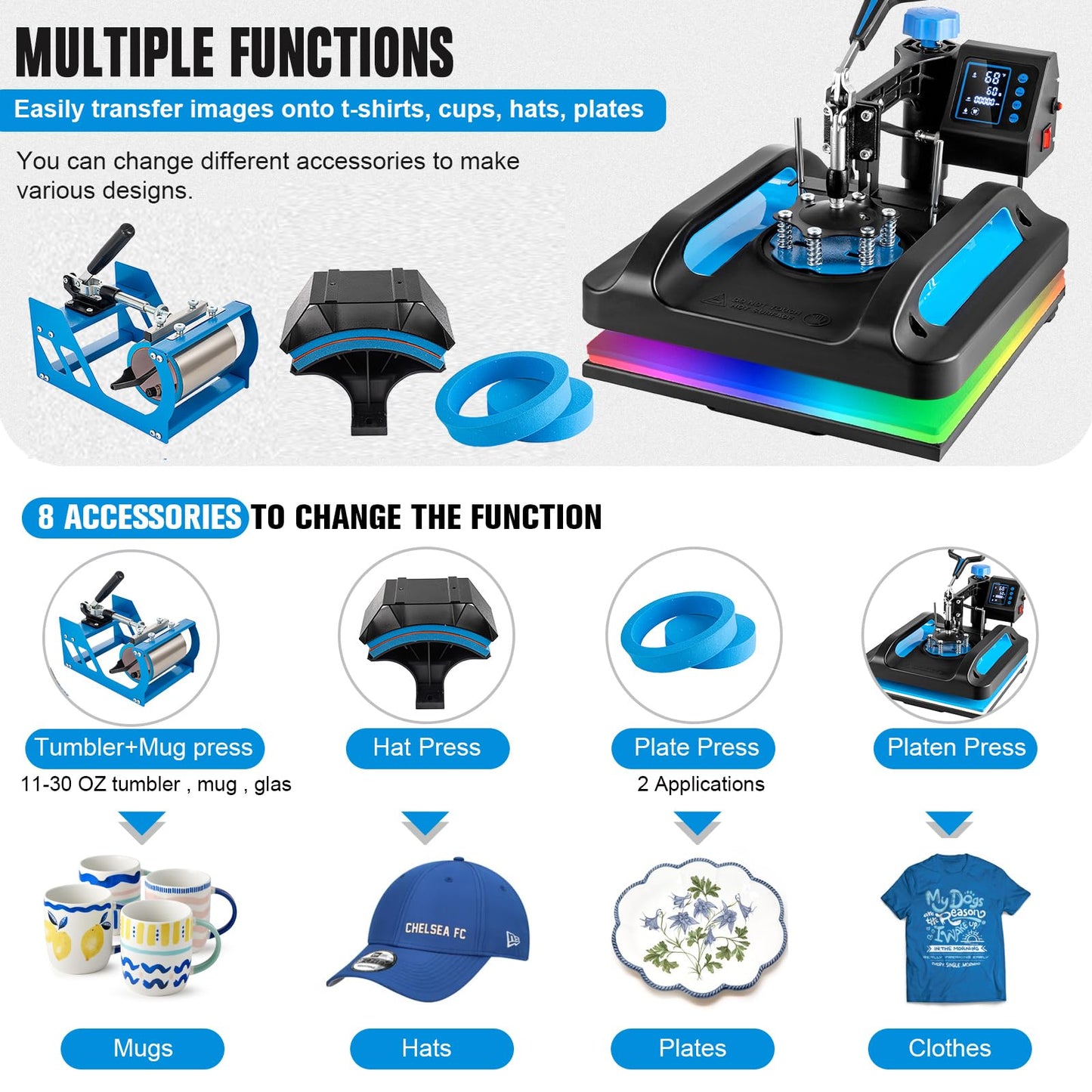 Leomru 5 in 1 Heat Press Machine, Heat Press 15x15, Multifunction T Shirt Press Machine, 360-Degree Swing Away Sublimation Heat Press Machine for T-Shirt Mugs Hat Cap Slide Out