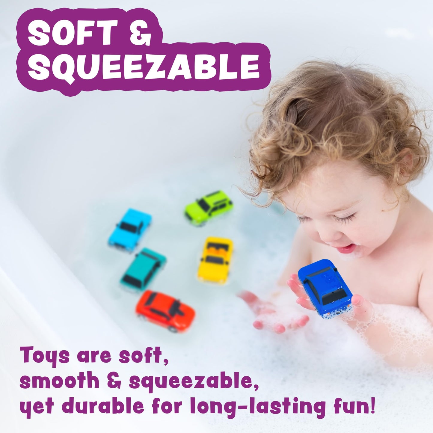 Tub Works® Everyday Cars™ Watertight Baby Bath Toys, 6 Pack | Sealed, No Hole Bath Toys Design Keeps Moisture Out | Soft, Squeezable & Floating Fun | Infant, Baby & Toddler Bath Toys | Car Tub Toys