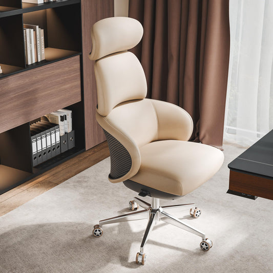 EUREKA ERGONOMIC Royal Rowan Leather Desk Chair, Microfiber PU Leather Office Chair with Wheels and Headrest, High Back Office Chair, Executive Office Chair Comfy for Home & Office, Off-White