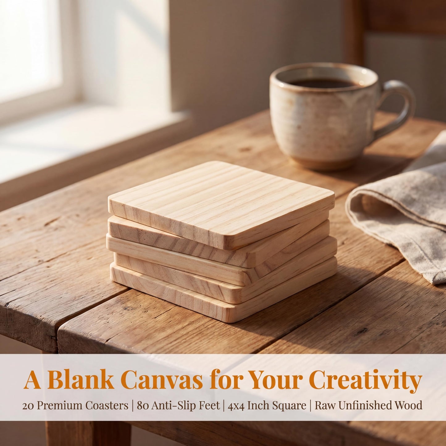 Dicunoy 20 Pack Unfinished Wood Coasters, 4" Blank Wooden Coasters for Craft, Square Coasters with Non-Slip Pads for DIY Supplies, Laser Engraving, Stained Painting, Drawing, Home Decor