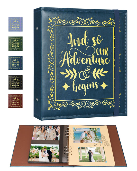 4x6 Wedding Photo Album Holds 100 Photos & 20 Acid-Free Writing Sheets, Leather Scrapbook And So Our Adventure Begins, Romantic Memory Book for Couples, Bride & Groom Wedding Gift (Blue)