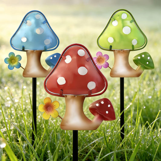 LEGIFO Garden Decor Mushroom Stakes Set of 3, Metal & Glass 10″, Outdoor Mushroom Stake for Backyard Lawn Decor, Funny Yard Art Decorations for Mom Grandma Women Mother’s Day