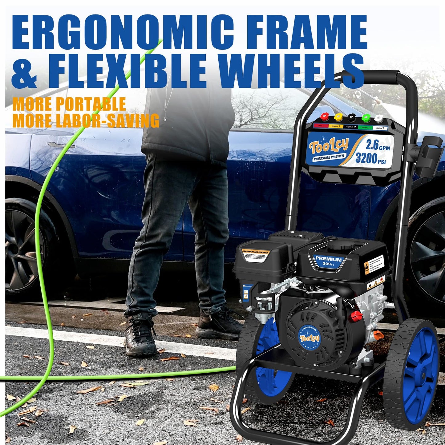 TOOLCY 3200 PSI Gas Pressure Washer, 2.6 GPM Gas Powered Power Washer Reinforced Pump & 209cc OHV Engine, 35FT Pressure Hose, Quick Connect Swivel Pressure Gun, 5 Nozzles for Homes (No Soap Tank)