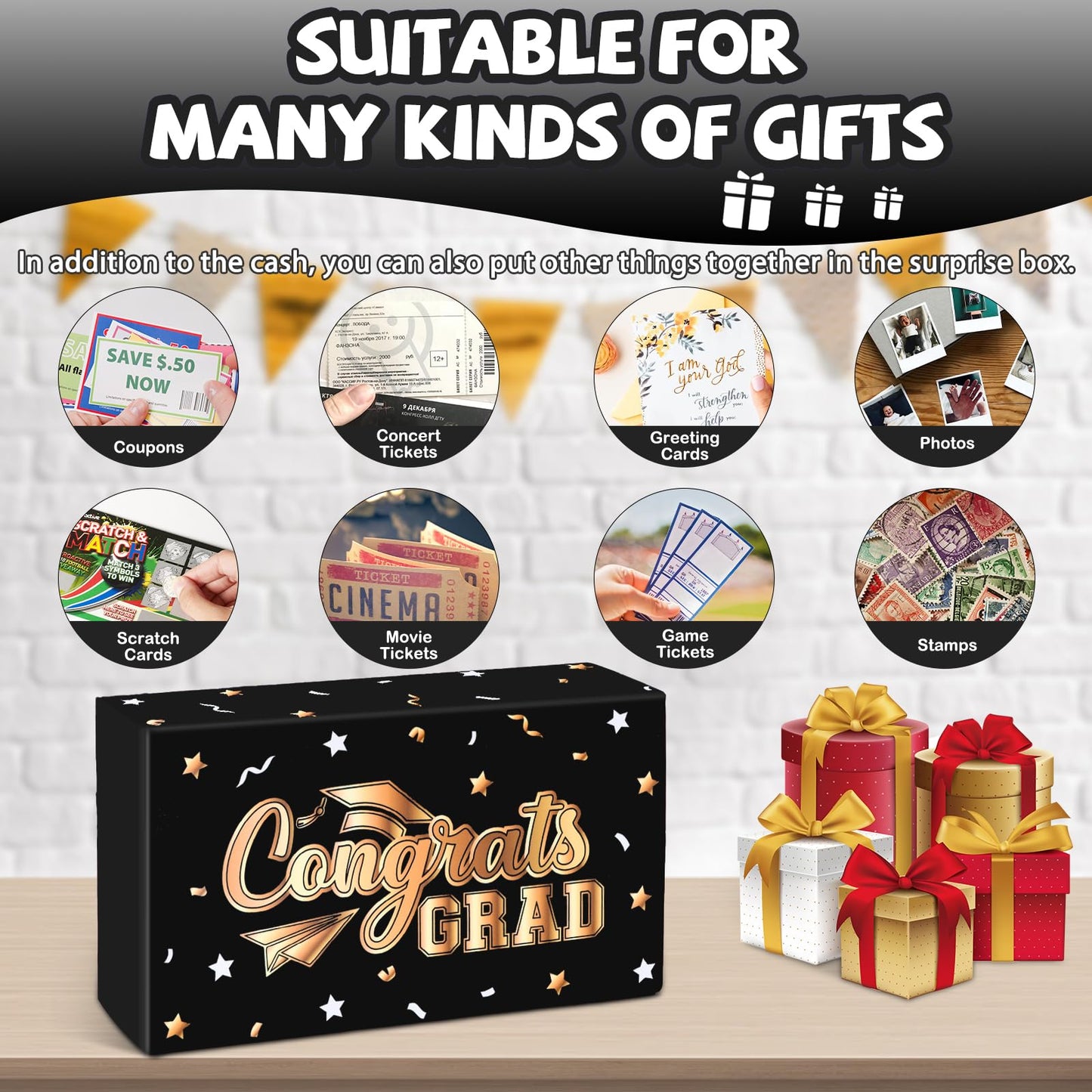 WenmthG 2026 Graduation Surprise Gift Box Explosion for Money - 10 Pcs Grad Pop Out Folding Bounce Money Gift Box with Confetti - Cash Gift Idea for Grad - Graduation Money Bank Party Supply (Black Gold)