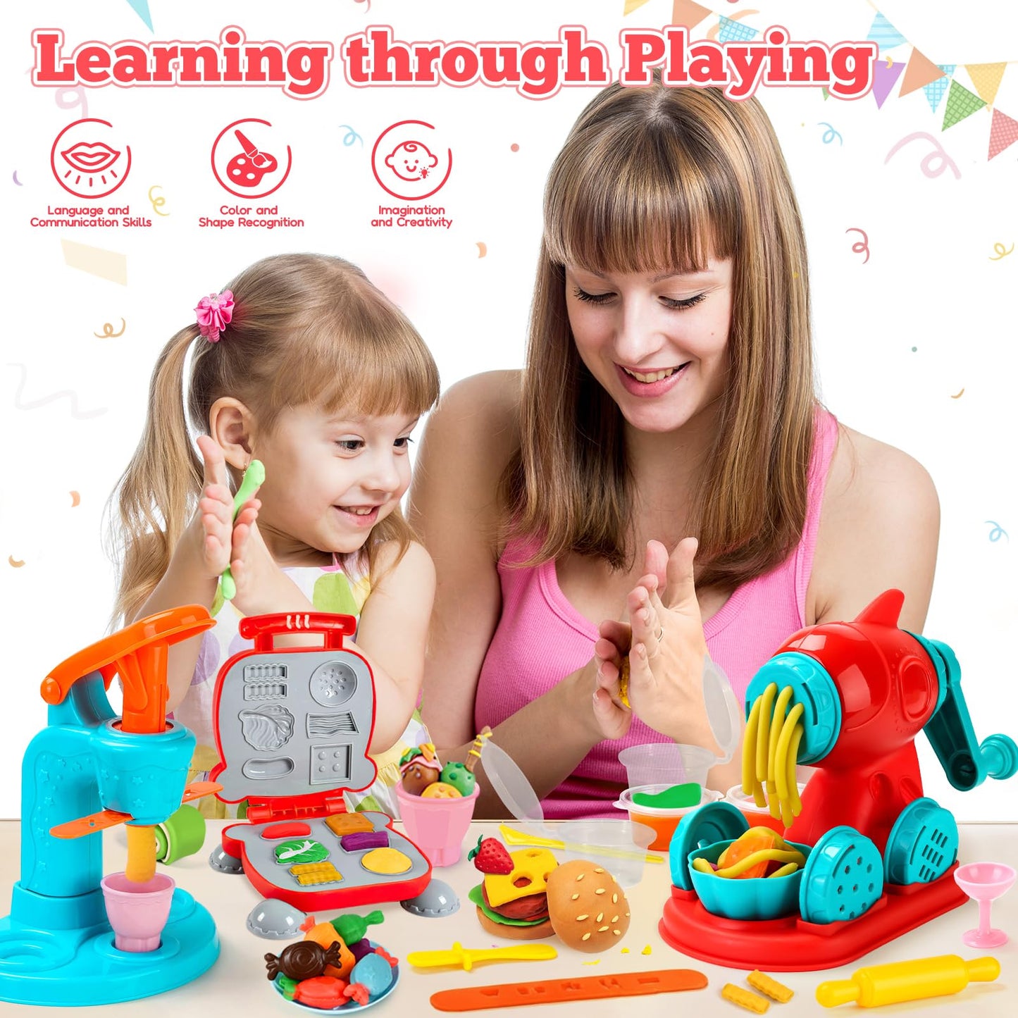 SOCBTNSO 3 in 1 Dough Sets 59 PCS for Kids Ages 4-8, Dough Tools Kit with Ice Cream Noodle Hamburger Maker Machine, Kitchen Creations Art Crafts Food Play Toys for Boys Girls Kids Toddlers Ages 3+