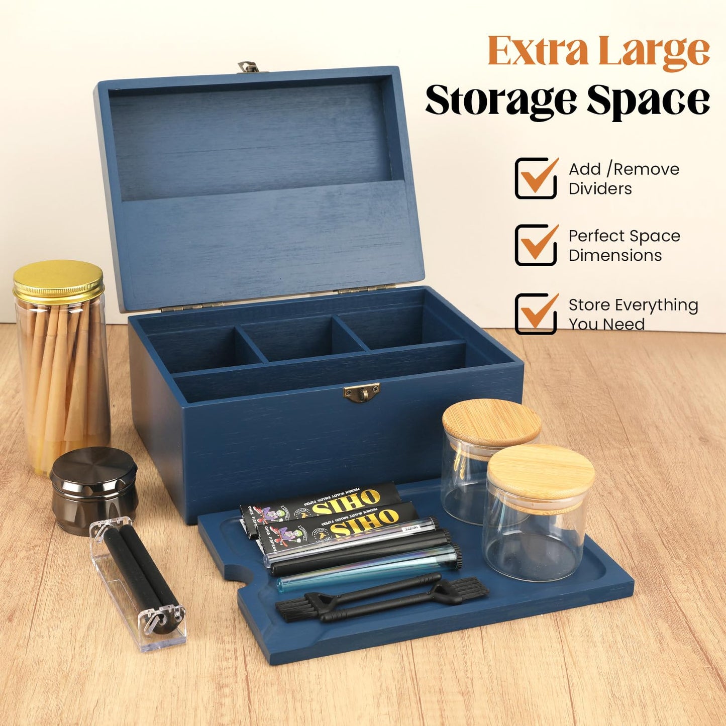 Coozyupper Large Bamboo Storage Box with Removable Tray Kit - Decorative Box Set, Glass Jars, and Accessories Wooden Storage Kit and Accessories Tool.Birthday Gifts