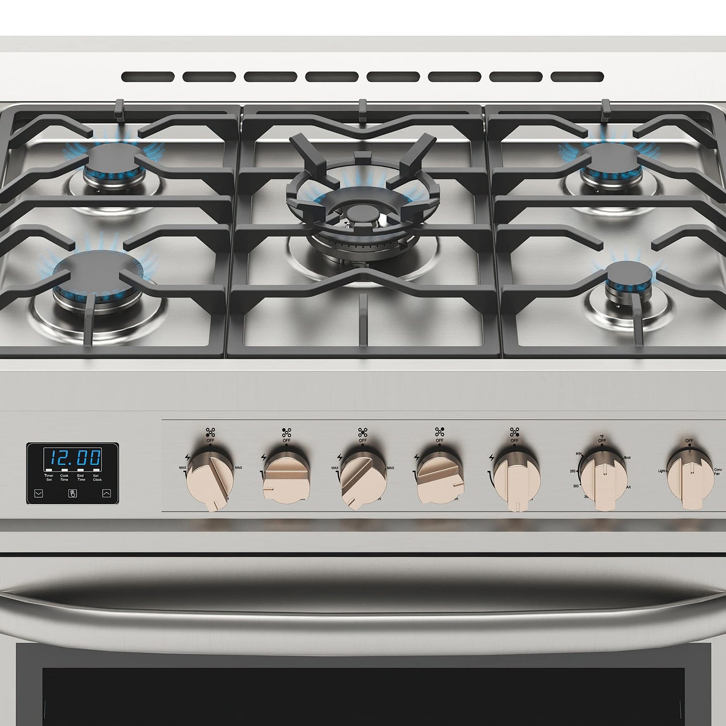 KoolMore 36” Inch Professional Gas Range Stove with 5 Burner Cooktop, Rapid Convection Oven, and Digital Timer with Heavy-Duty Cast Iron Grates, Stainless-Steel Appliance (KM-FR36GL-SS), Silver