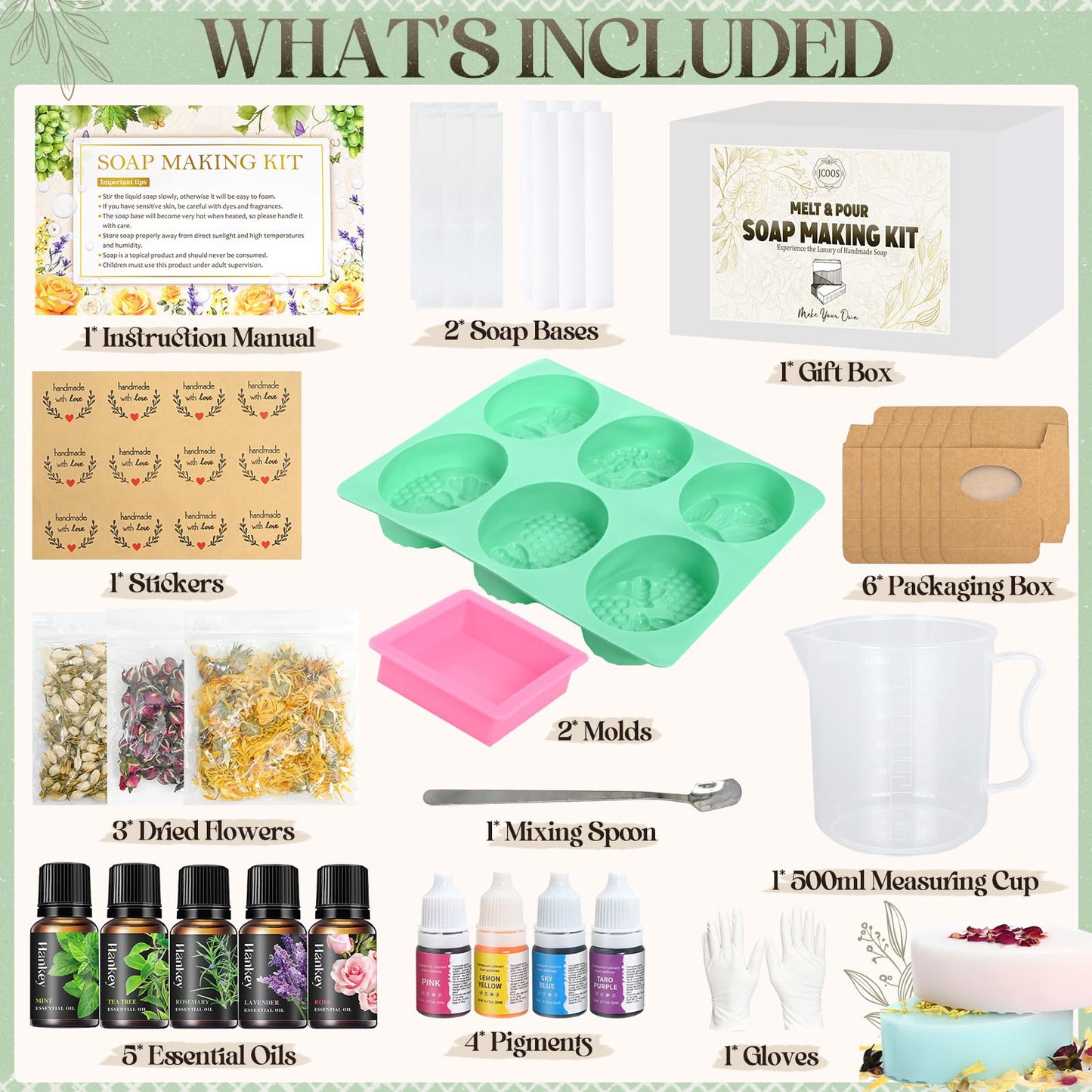 Jcoos Soap Making Kit, Soap Making Kit for Adults, Teen- Shea Butter Glycerin Melt and Pour Base, Molds, Dye, Fragrances, Dried Flowers, DIY Craft for Teen Beginners Girls, Gift Boxes for Women