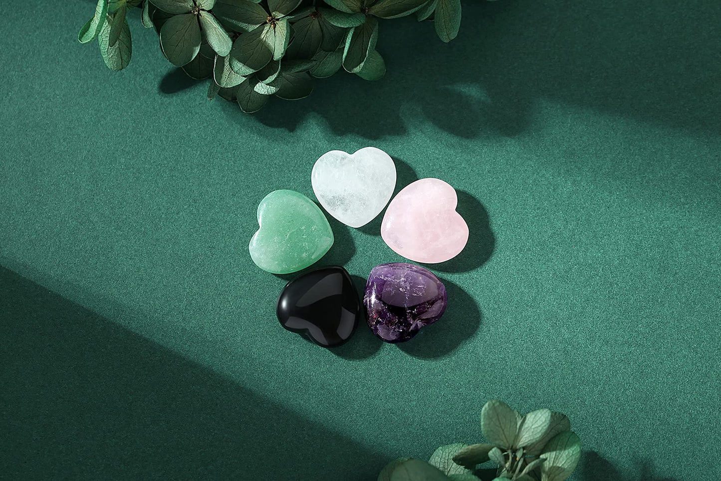 YATOJUZI 5PCS Natural Heart Healing Crystals Rose Quartz Amethyst Heart Love Stones Set Bulk Polished Pocket Palm Thumb Gemstones Chakra Reiki Balancing