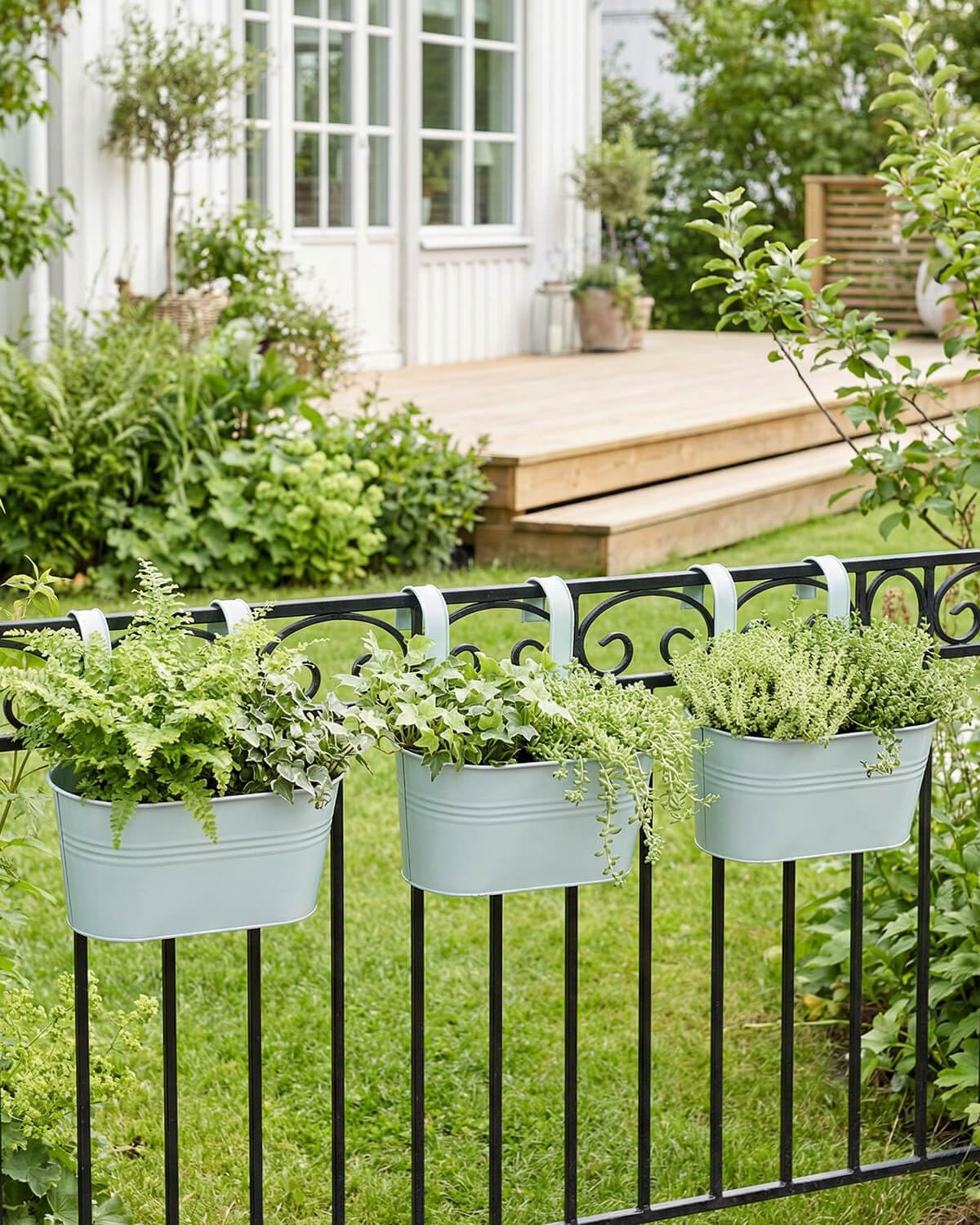 vensovo Metal Railing Planter for Outdoor Plants - 3 Pack Balcony Hanging Planter Box with Detachable Hooks and Drain Holes Oval Hanging Pots Fence Planters for Railing Garden Fence, Green