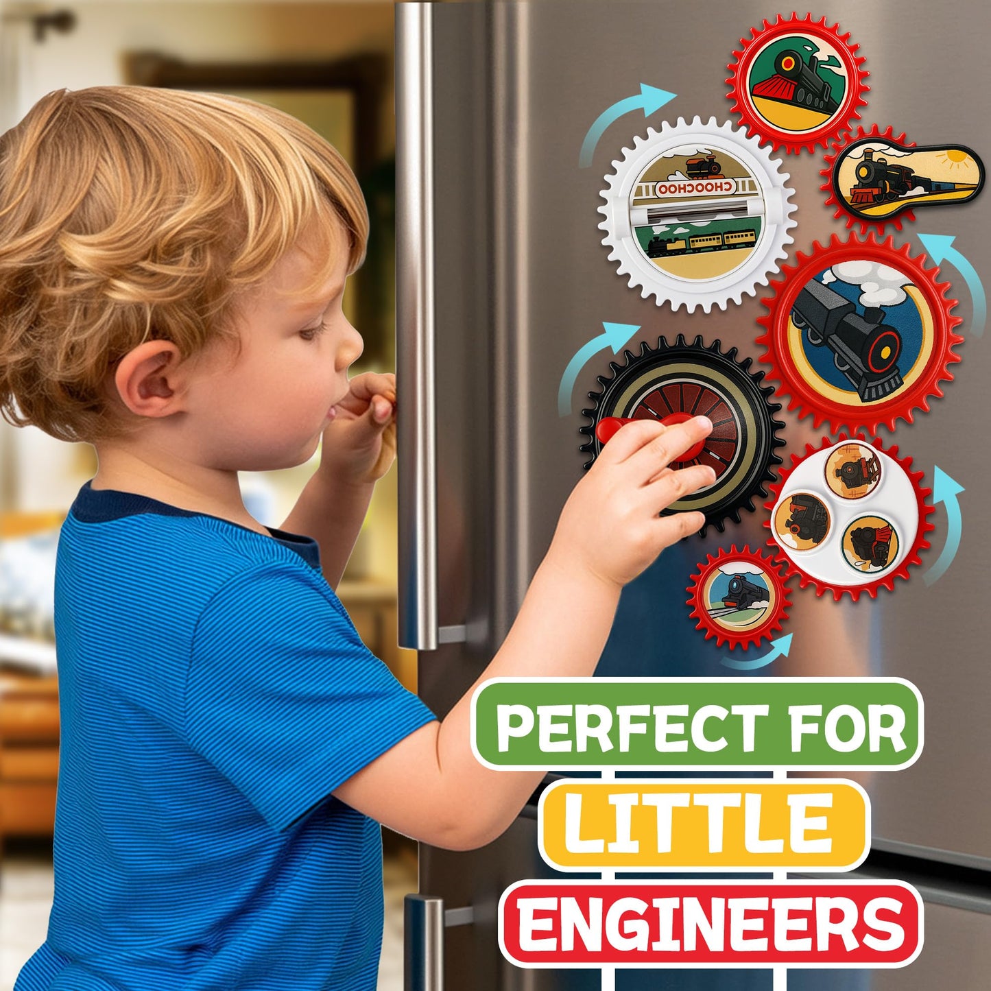 ROHSCE 7PCS Magnetic Gear Toy Set, Train-Themed Gear Toys for Toddlers 1-3, Educational STEM Gears Toys for Kids, Cute Fridge Magnets for Toddlers, Montessori Learning Toy Gift for Boys Girls