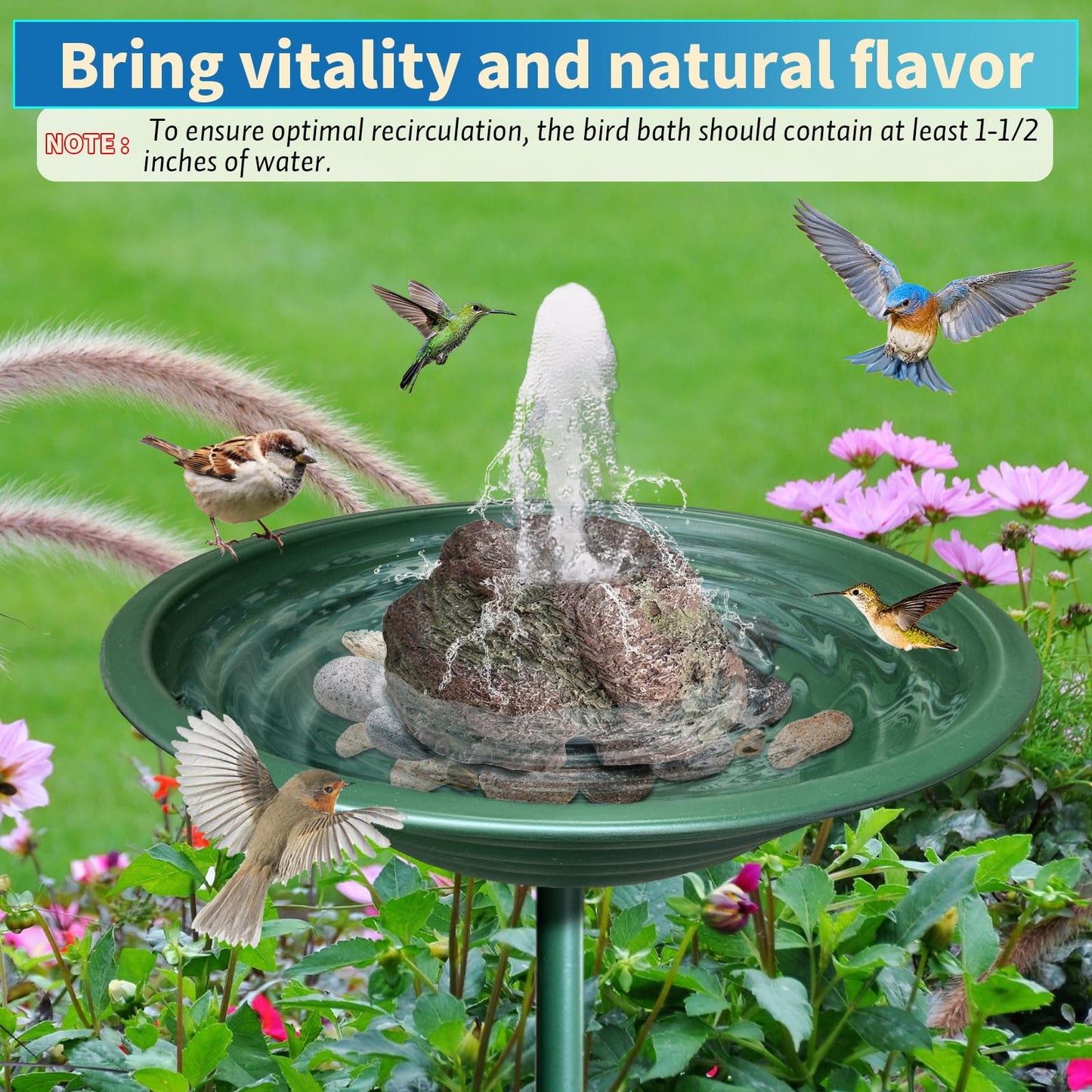 TIANCENTRAL H Electric Bird Bath Fountain Pump with Natural Rock Design, Continuous Water Bubbler (Not Solar) 7.5W Adjustable Submersible Pump with 6FT Anti-Bite Cord for Outdoor Garden & Patio Decor
