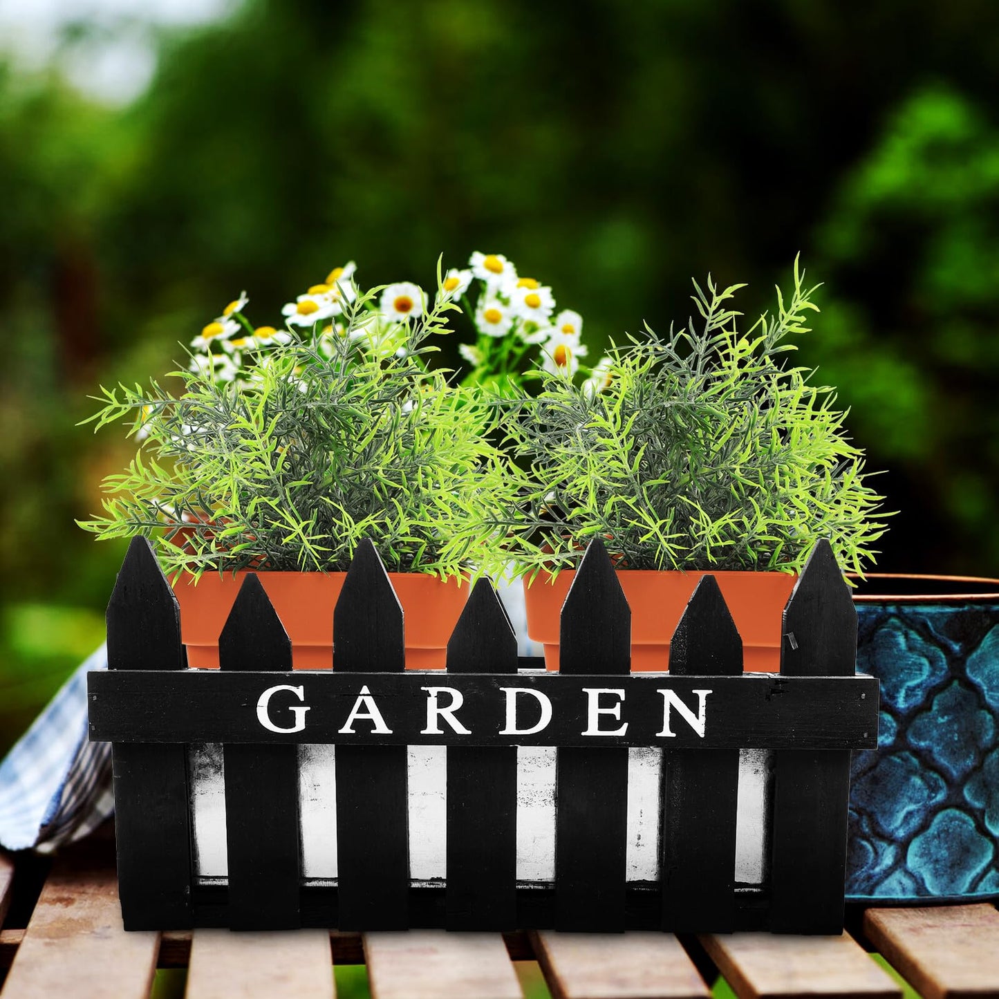 Toyvian Rectangular Wooden Fence Plant Pot for Balcony and Patio, Black Wood Planter Box with Fence Design, Outdoor Garden Flower Container for Plant Arrangement and Home Decor