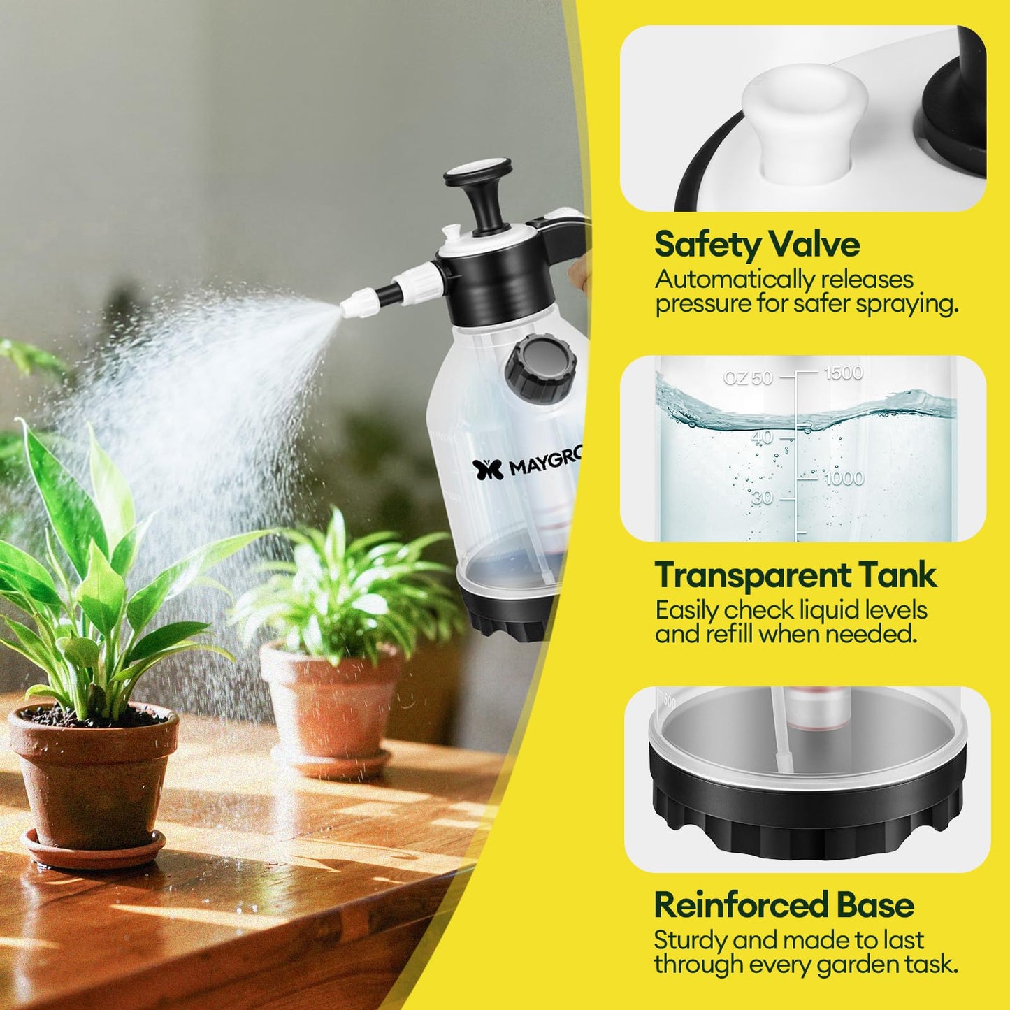 MAYGROVE 0.4 Gal Pump Sprayer, Hand Water Spray Bottle for Indoor Plant, Clear Plant Sprayer with Side Filling Port, Measuring Cup, Adjustable Nozzles, Safe Pressure Relief Valve