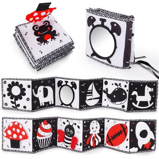 Black and White High Contrast Toys for Baby 0-3 3-6 months Infant Tummy Time Soft Book Sensory Musical Toy 0-2-4-6 month Babies Brain Development Crinkle Book Mirror Newborn Easter Basket Stuffer