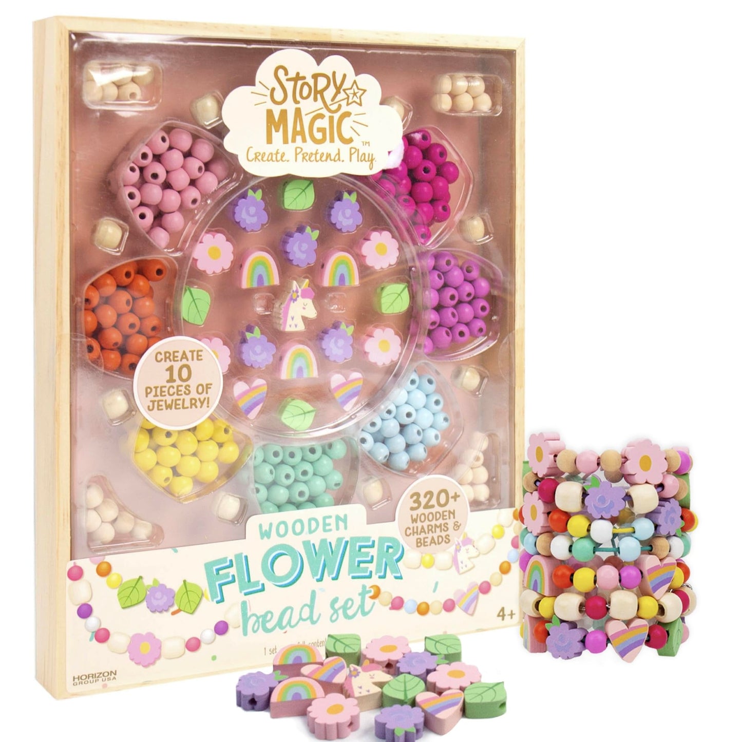 Story Magic Wooden Flower Bead Set, Over 300 Large Hole Wood Beads & Charms for Beading Bracelets, Bracelet Making Kit, Flower Bracelet Kit, Whimsical Bracelet Charms, Storage Tray Included, Ages 4+