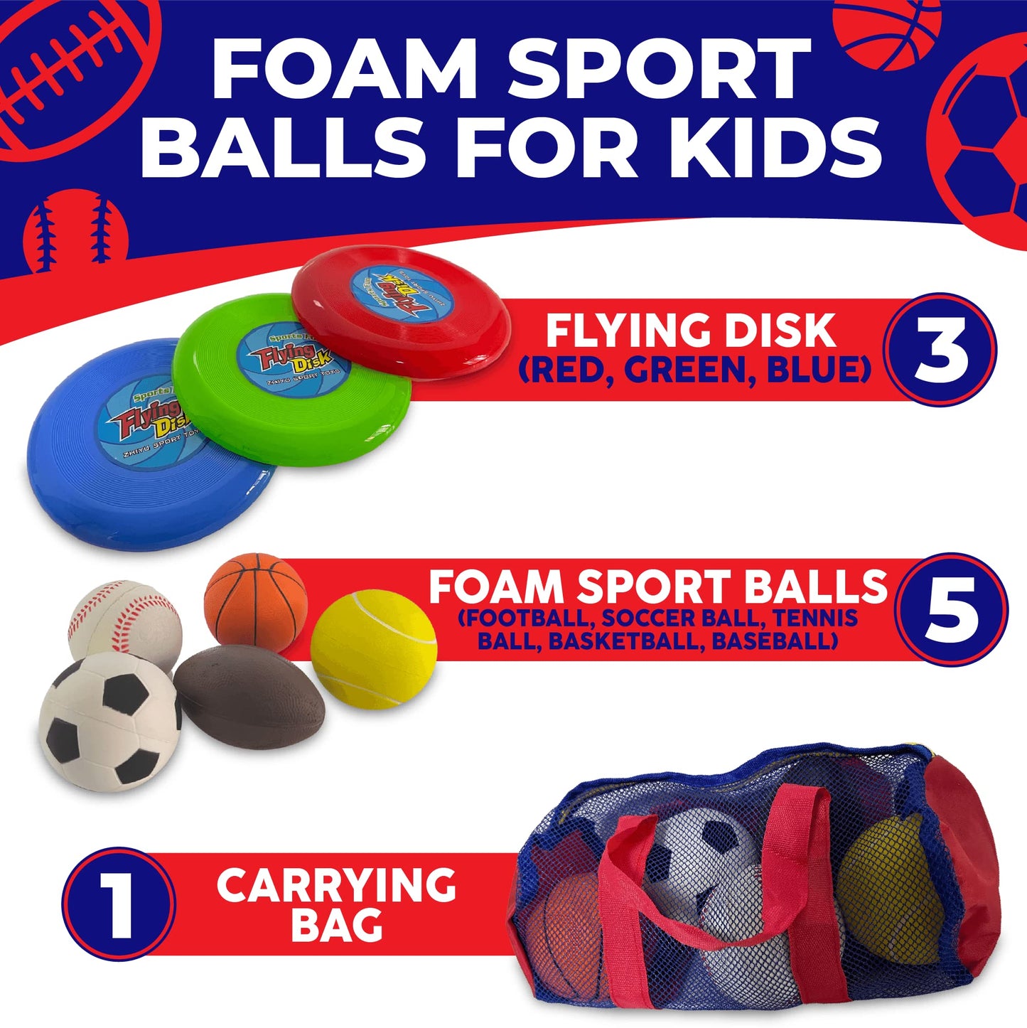Toysery Foam Kickball Set for Toddler and Baby – Soft Foam Soccer Ball, Football, Basketball, Tennis Ball & More – Easy to Hold, Safe Toddler Ball Set with Carry Bag for Kids Ages 1-3