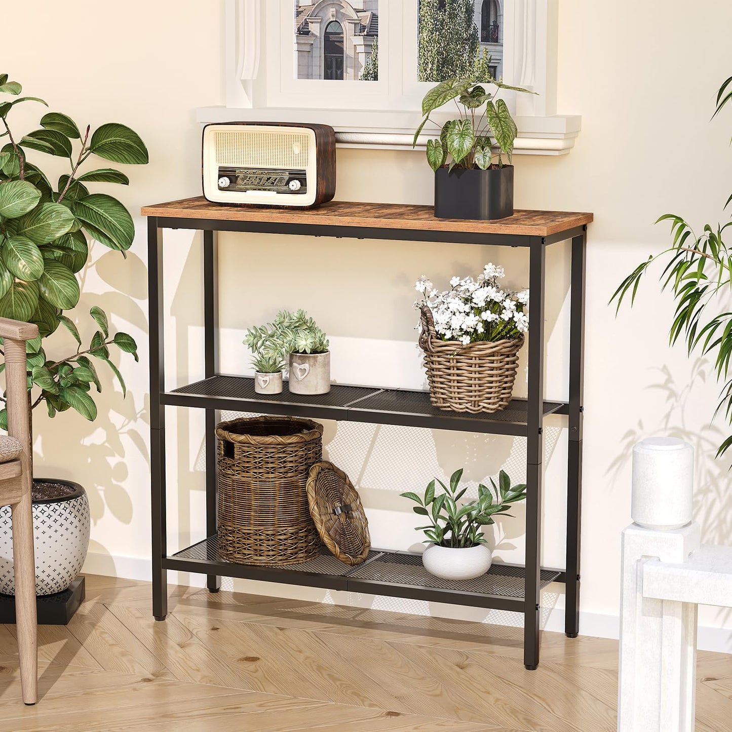 HOOBRO Console Table and Hanging Planter Bundle, 3-Tier Narrow Entryway Table, Hanging Planters for Indoor Plants Set of 2, BF73XG01-BK08HJP201