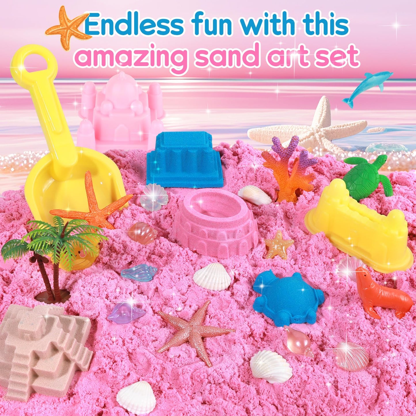 Mikiwon Ocean Sensory Bin, Sandbox Play Sand Art Kit with 3.3lbs Play Sand, Sea Animal Toys Molds, Sensory Play for Girls Boys Age 3 4 5 6 7 8, Beach Toys for Kids Xmas Birthday Gifts