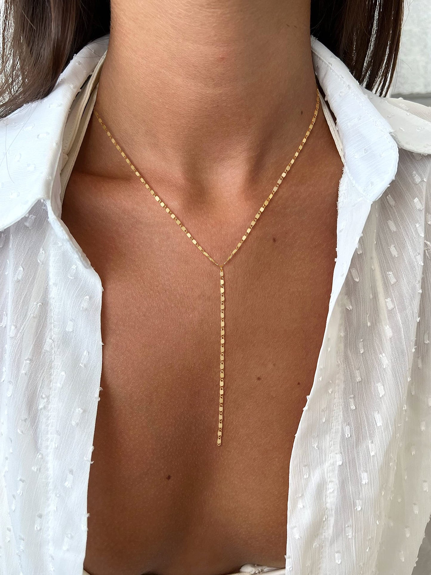 Tewiky Lariat Necklace for Women, Dainty Gold Long Necklaces 14k Gold Plated Heart Pearl CZ Teardrop Pendant Necklace Simple Drop Necklace Trendy Y Necklace Fashion Jewelry for Women