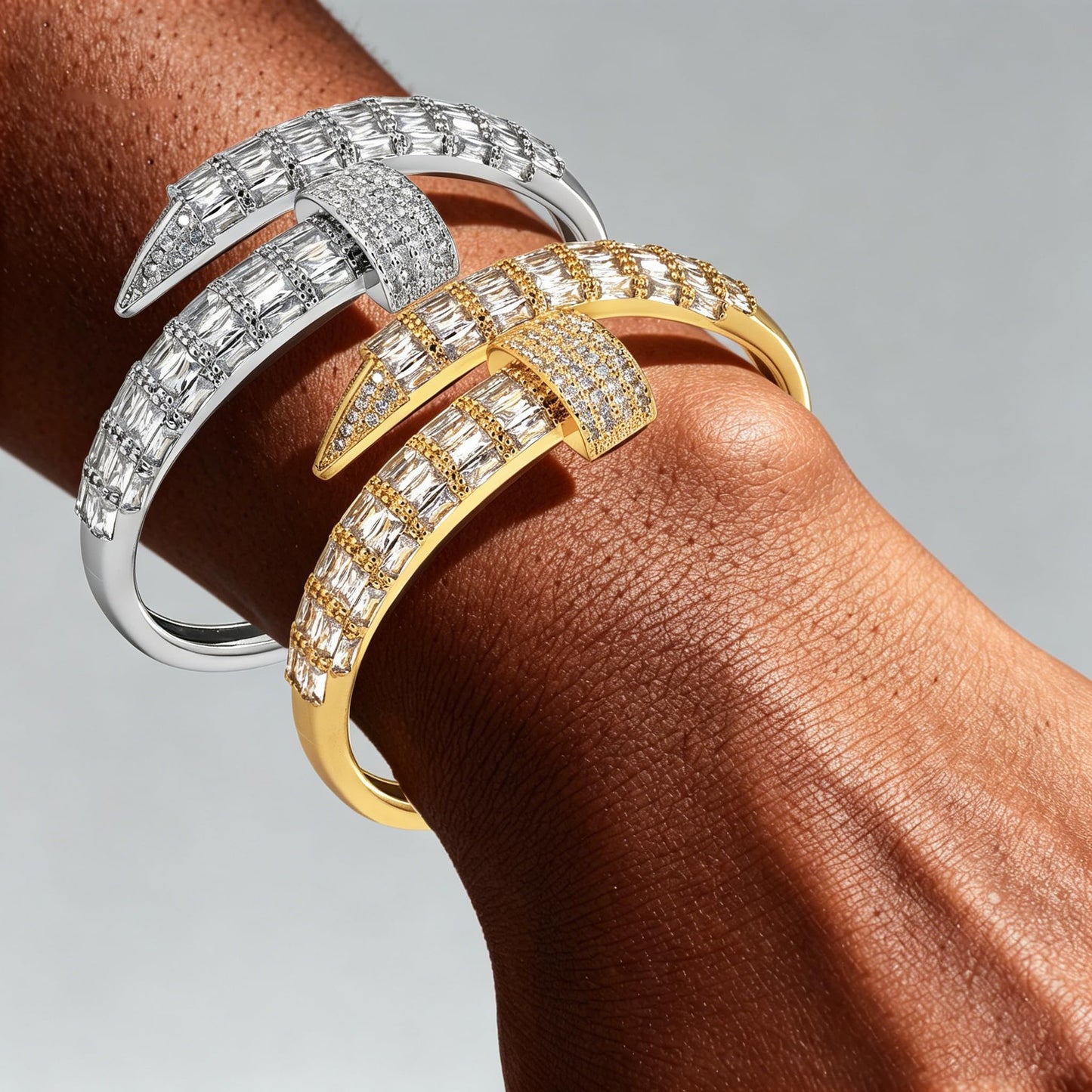 FIVESWEET 2-Pack 18K Gold Plated Gold & Silver Rivet Design Bangle Bracelets for Women, Zinc Alloy with 3A Cubic Zirconia, Full Paved Sparkling Zircon, Luxury & Personalized Jewelry, Perfect for Weddings, Parties, Daily Wear, Ideal Gifts for Valentine's D