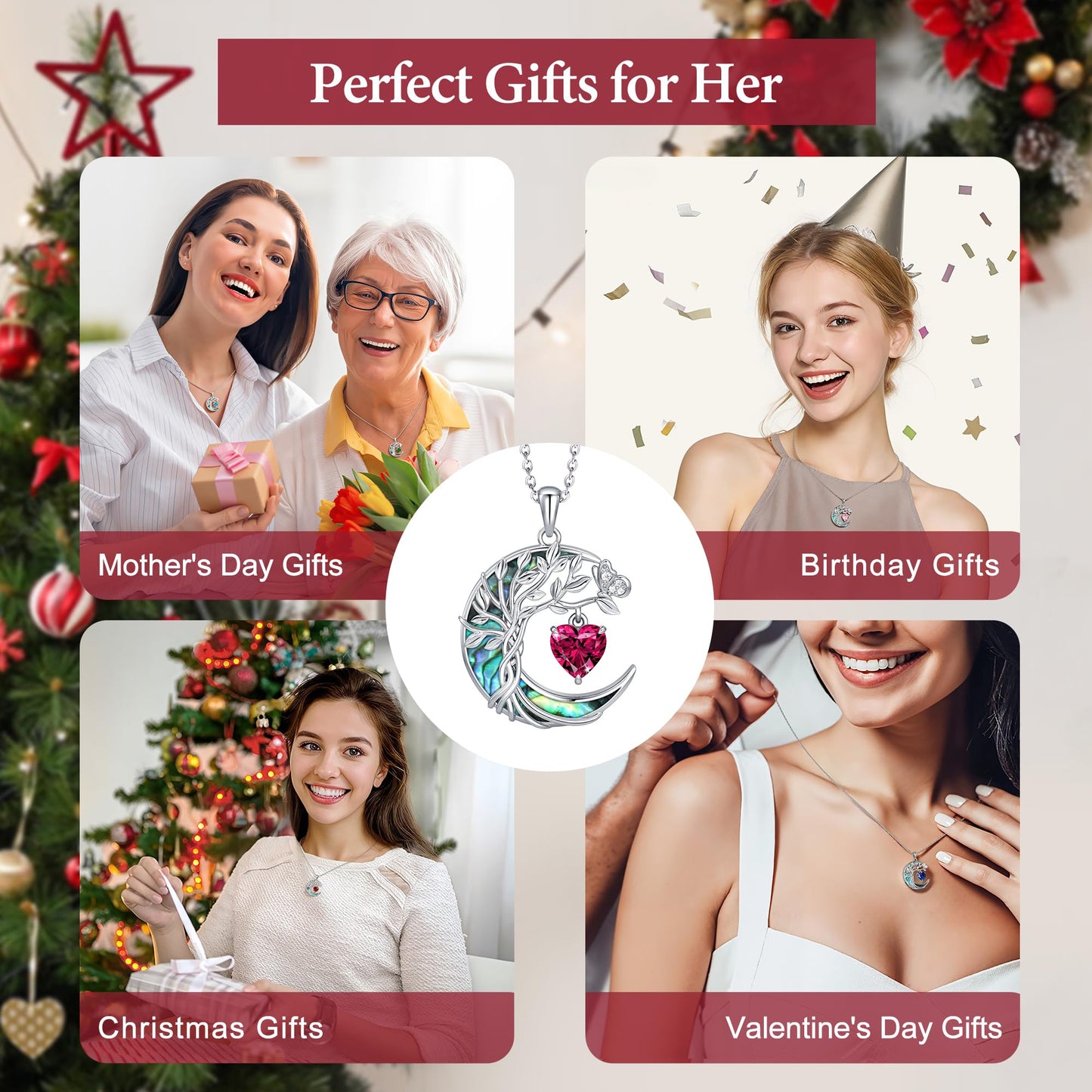 Distance Tree of Life Birthstone Necklace for Women, S925 Sterling Silver Premium Abalone Shell Moon Pendant July Heart Birthstone Necklace, Ruby Jewelry Christmas Birthday Gifts for Her Mom Wife