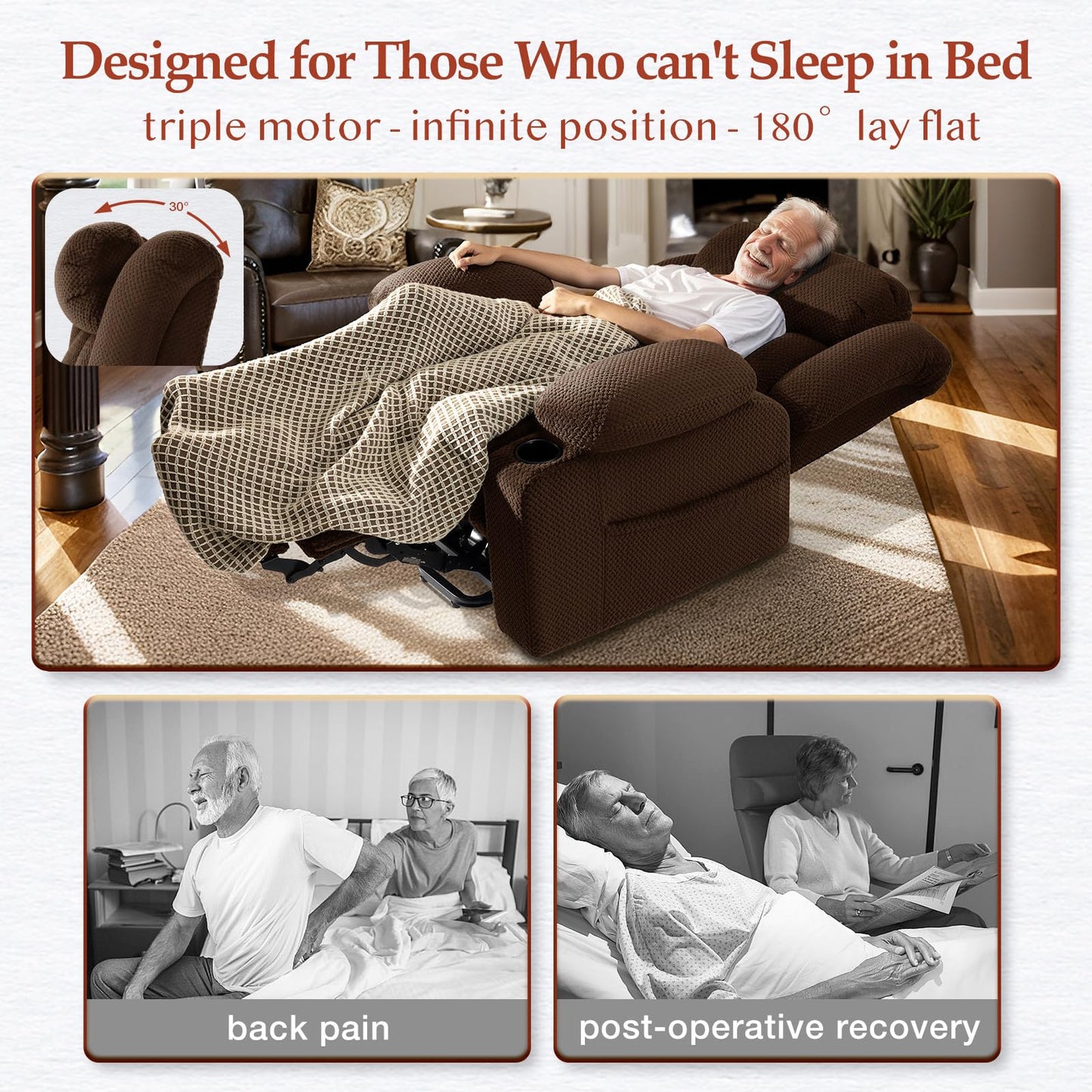 Cfvyne Three Motor Large-Wide Power Lift Chairs Recliners for Big and Tall Elderly, 180° Lay Flat Lift Chair, Infinite Position, Power Headrest, Heat & Vibration Massage (Plush Flannel, Dark Brown)