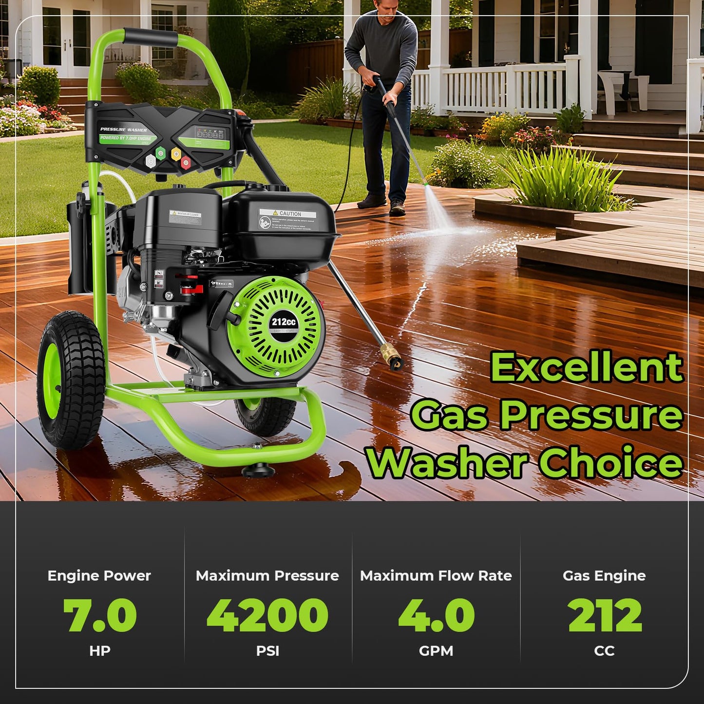 4200PSI Gas Pressure Washer 4.0GPM Gas Power Washer 212CC Gas Powered Washing Machine Commercial High Pressure Washer with 25ft Hose&5 Nozzles for Patio Garden Yard Vehicle,EPA/CARB/ETL