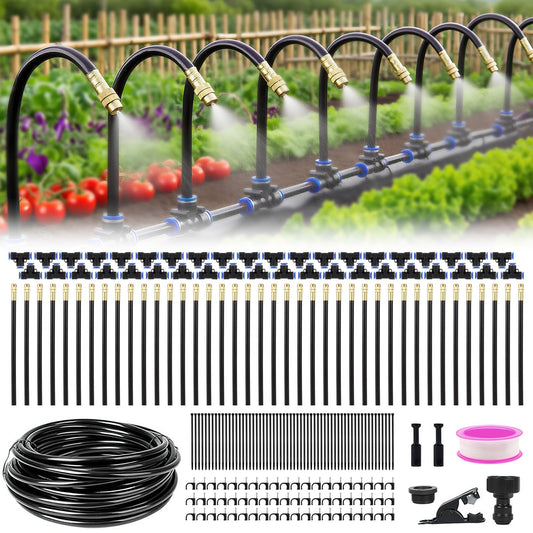 Drip Irrigation System - 100FT with Tool-Free Quick Connectors, 40 Copper Atomizing Nozzles & 360° Bendable Spray for Garden, Greenhouse, Lawn, Plants