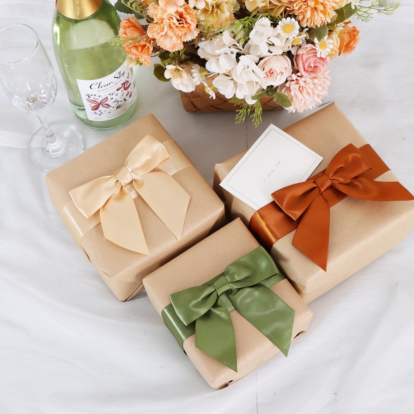TONIFUL 50pcs Moss Satin Ribbon Bows with Twist Tie, 4.5 Inch Sage Satin Bows for Gift Wrapping, Treat Bags, Crafts, Bottles, Christmas Tree, Wedding, Baby Shower, Birthday Party Decorations