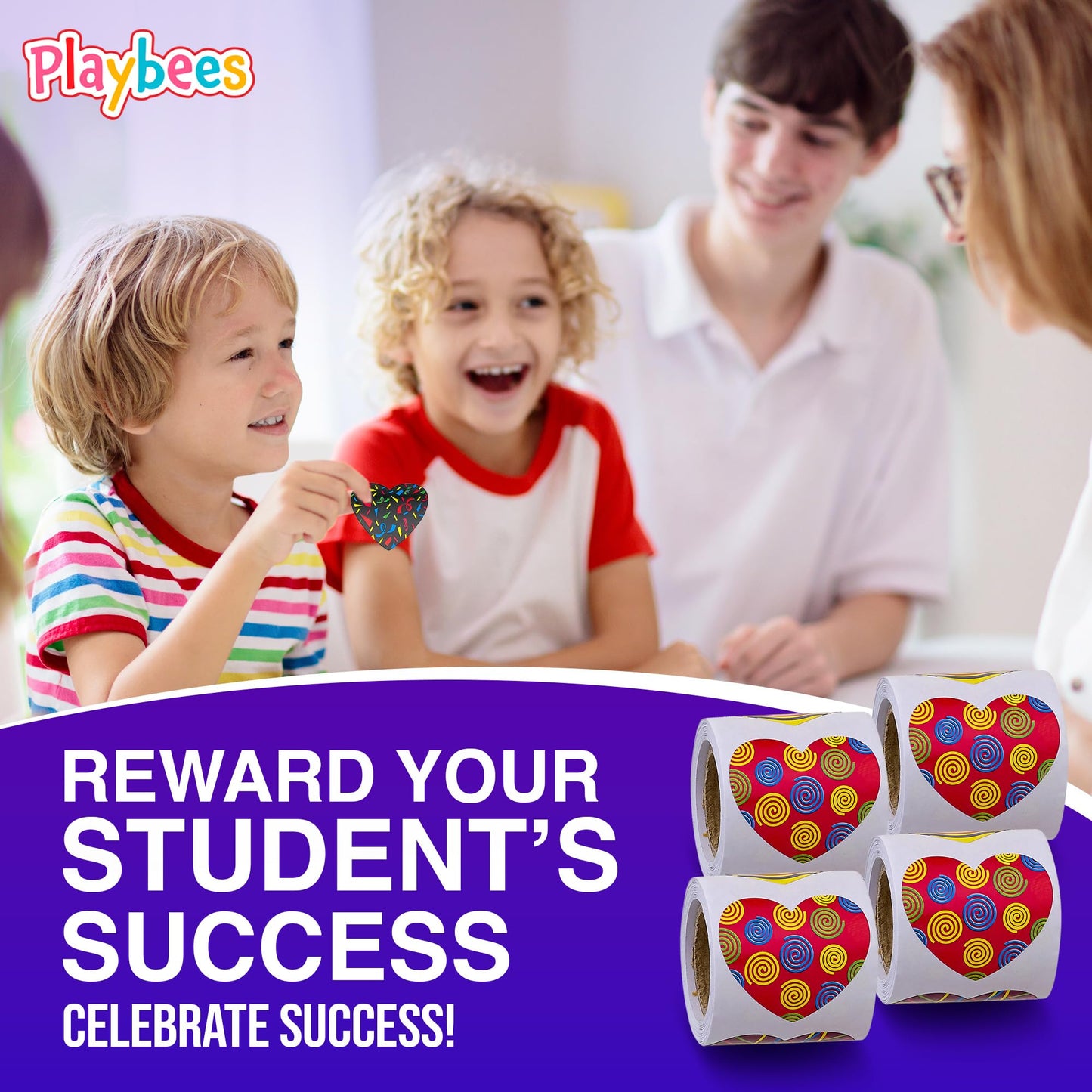 Playbees Funky Heart Stickers for Kids - 400 Pack of Rainbow Heart Themed Designs - Valentine’s Day Kids Educational Arts and Crafts, Scrapbooking, Teacher Awards, Classroom Prize, Encouragement