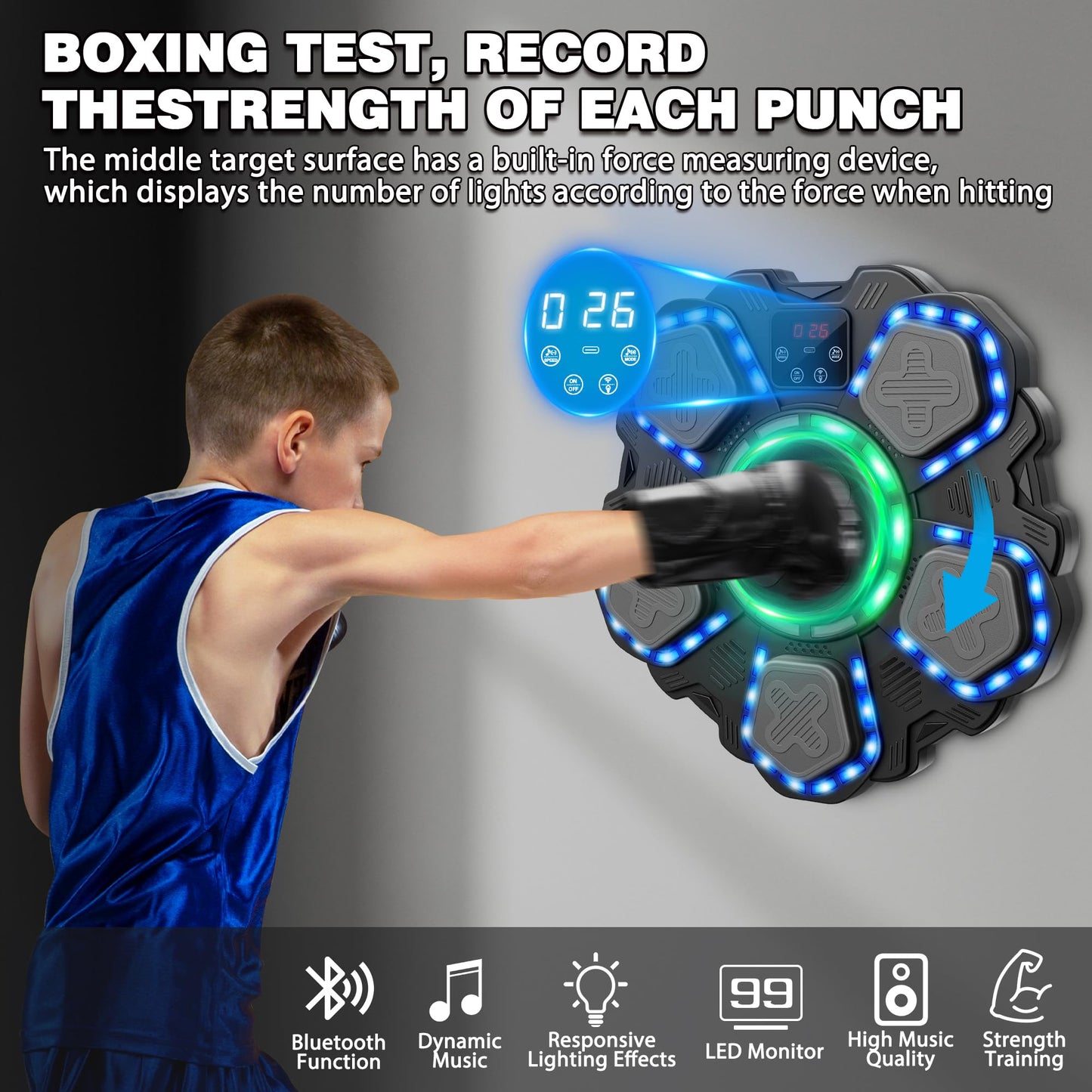 Music Boxing Machine with Force Measuring, Wall Mounted Bluetooth Punching Boxing Pad with Boxing Gloves,Home Gym Boxing Equipment Stress Relief, Sport Toys Gifts for Kids Adult Men Boy Girl, Age14-99