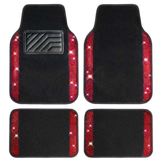 CAR PASS Bling Diamond Car Floor Mats, Shining Rhinestone Carpet Sparkly Glitter Crystal with Anti-Slip PVC Heel Pad Waterproof Universal Fit Automotive SUV,Sedan,Van,Cute Girl Women,4pcs Black Sliver