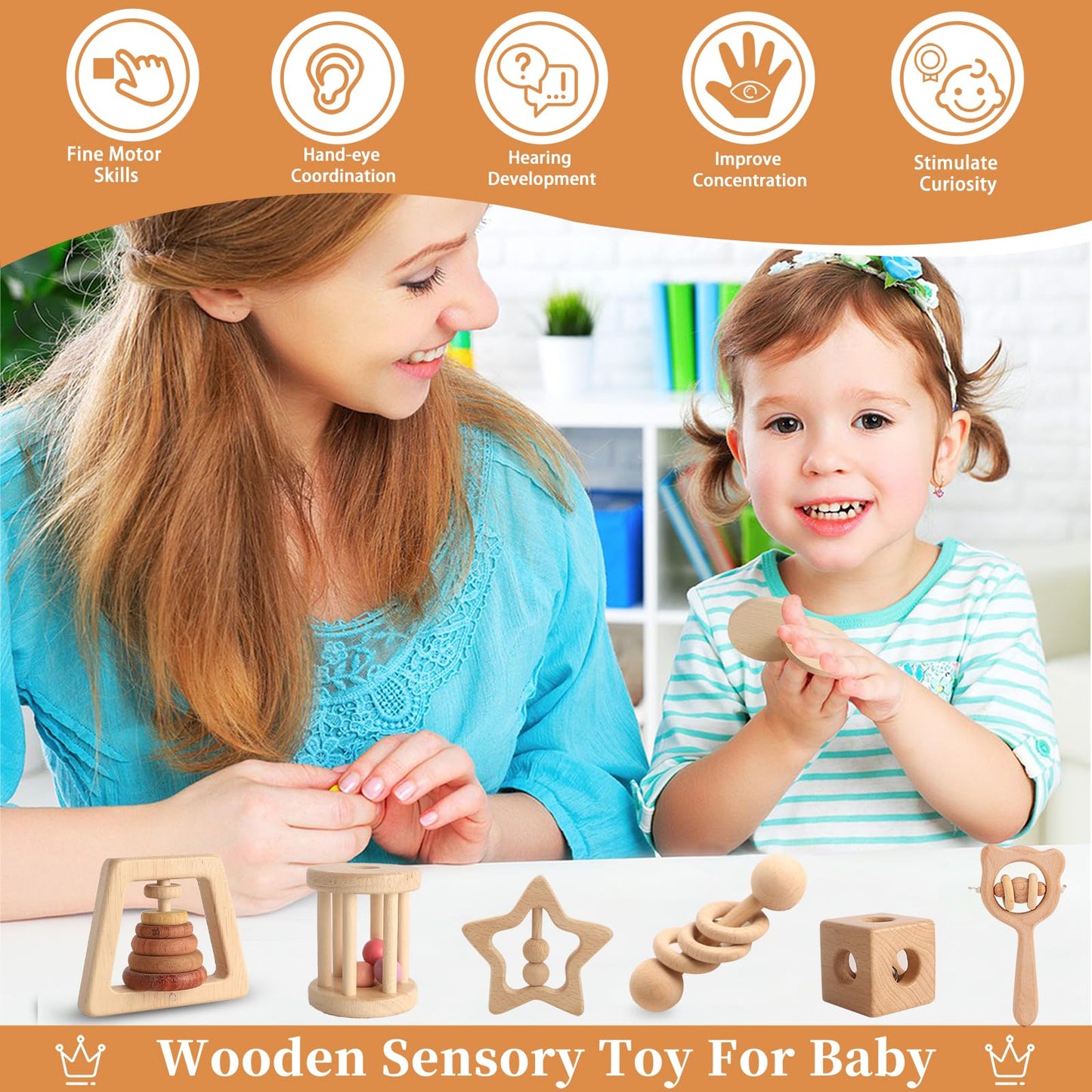 Wooden Rattles for Baby, 7PCS Wooden Montessori Toys for 7-24 Months Baby Boy Girl, Natural Beech Wood Grasping Toy, Gift for Babies