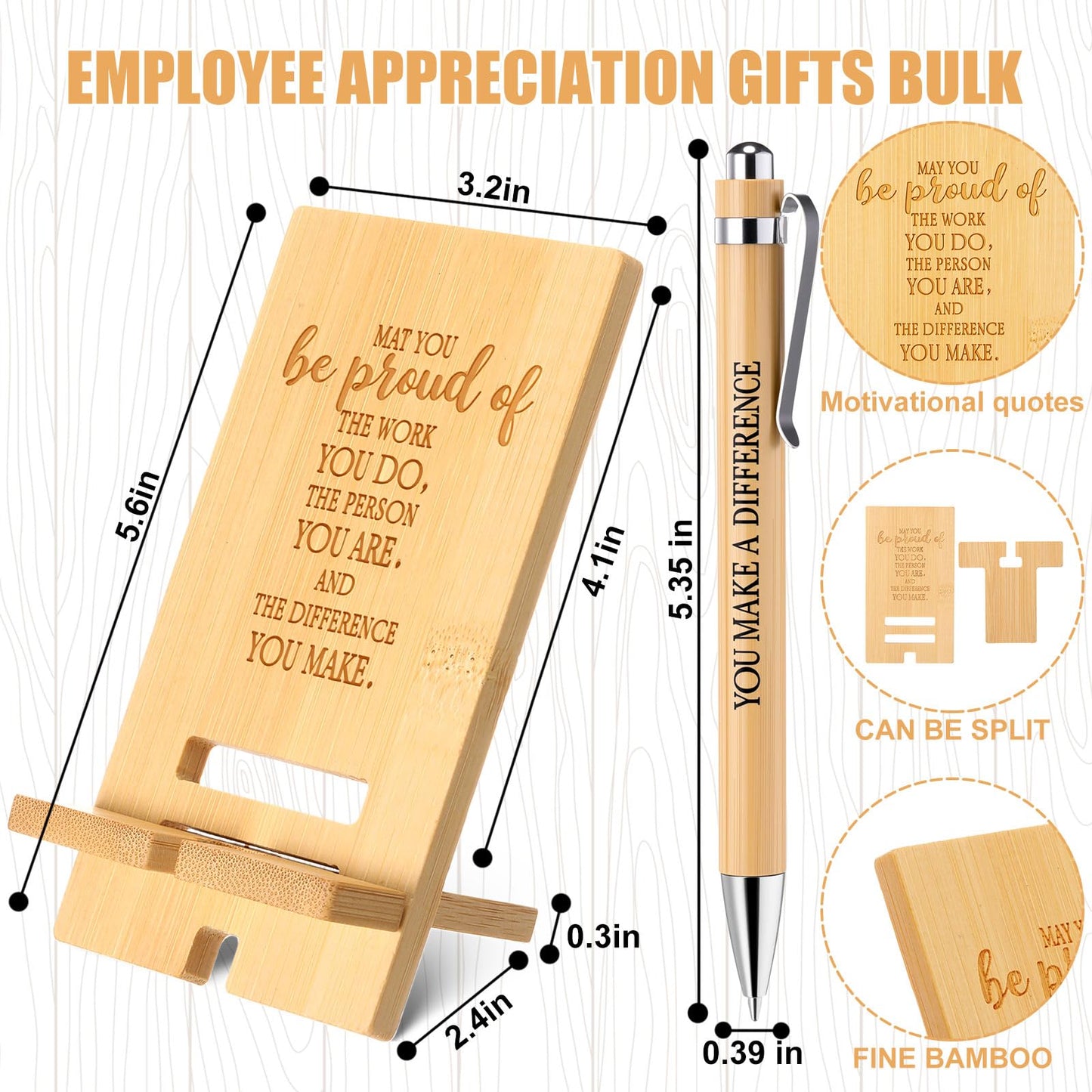 Ripeng 10 Sets Employee Appreciation Gifts Bulk Bamboo Phone Stands with Ballpoint Pens for Desk Office Workers Thank You Gift for Team Coworkers Staff Volunteer Teacher Colleagues (Proud)