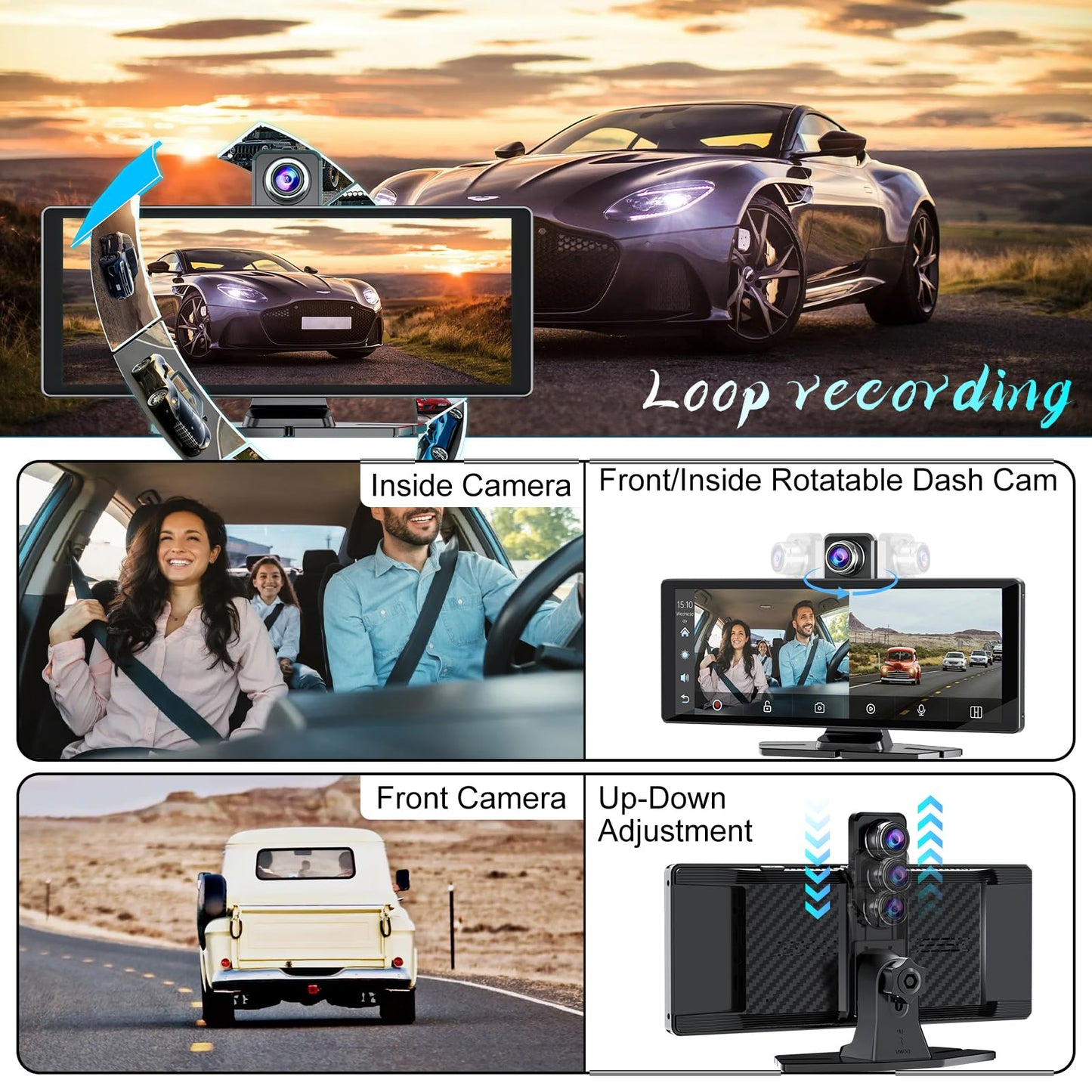 Carplay Screen for Car,10.26" HD Car Stereo for Apple Carplay & Android Auto -with Rotatable 4K Dash Cam & HD Backup Camera, Dual Front/Inside Recording, GPS Navigator for Cars,Trucks