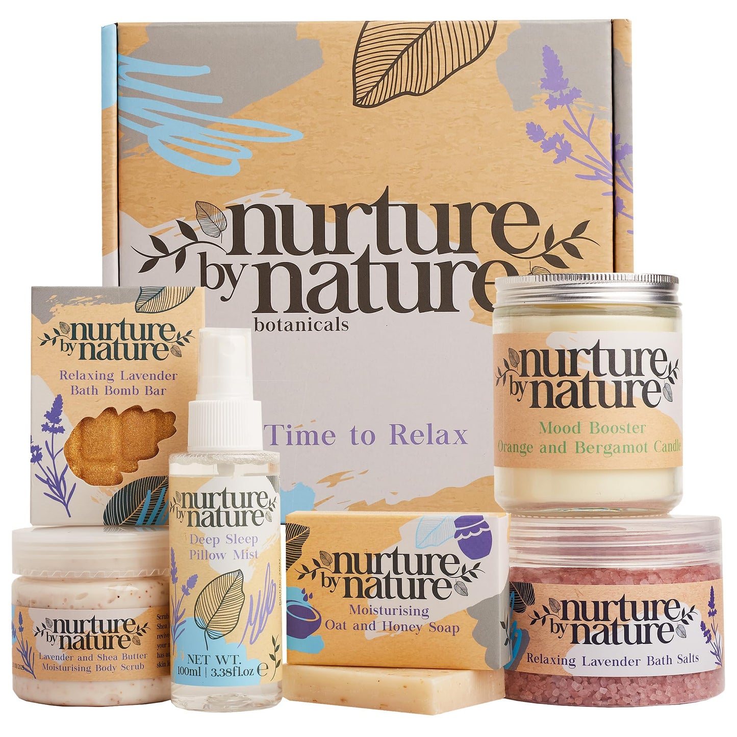 Nurture by Nature Spa Gifts for Women - Self Care Gift Set & Spa Gift Basket for Women, 6 Piece Bath Set with Candle, Bath Bomb, Salts & Pillow Spray - Relaxation Gifts, Mothers Day Gifts for Mom