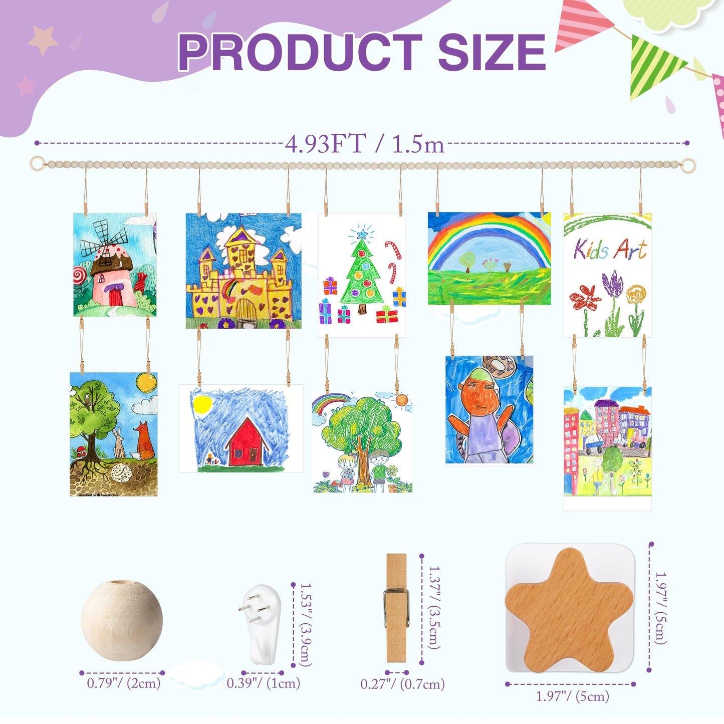 KOLLIEE Kids Artwork Display Art Wall Decor 4.93ft Boho Wooden Beaded Garland Collage Holder with Hanging Rings Stars Hook 40 Wood Clips for Kids Artwork Photo Room Bedroom Decor(Big Wooden Beads)