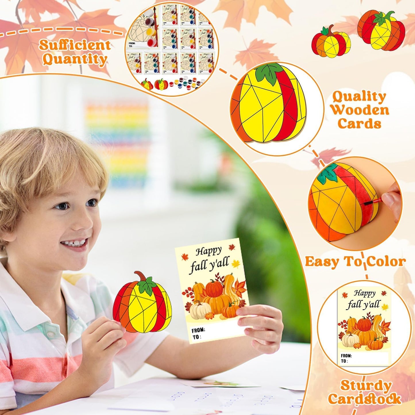 24 Sets Thanksgiving Fall Pumpkin Party Favors Pumpkin Wooden Painting Craft Kits Autumn Party Decors Thank You for Coming Gifts for Kids Happy Fall Y’all Cards - Birthday Crafts Bulk Harvest Supplies