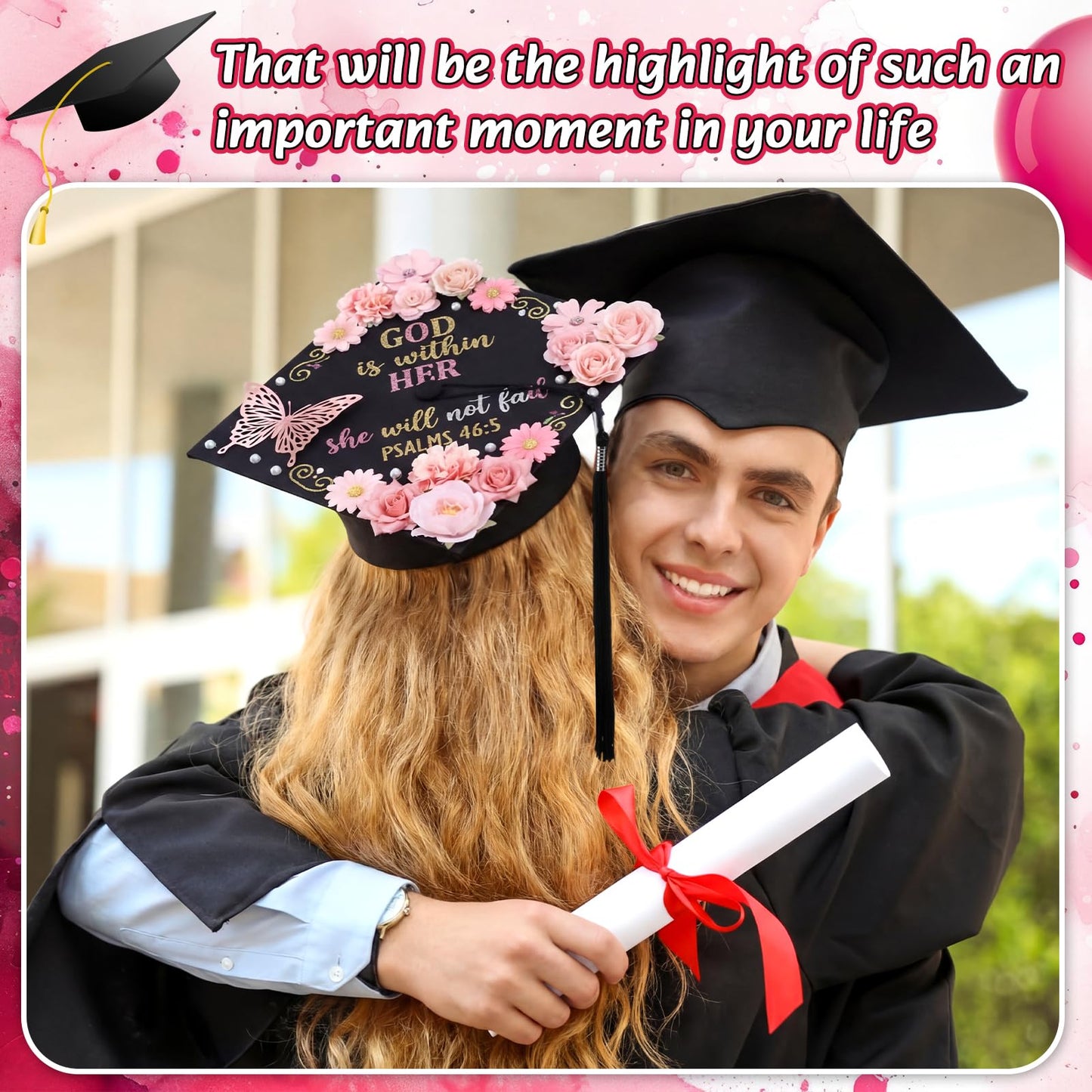 Gersoniel 180 Pcs Graduation Cap Decorations Kit 4 Adjustable Grad Cap, Faux Flower Heads 3D Butterfly Pearl Beads Glitter Glue Totes Bag for 2026 Graduation Dress Grad Hats Topper Party Craft DIY