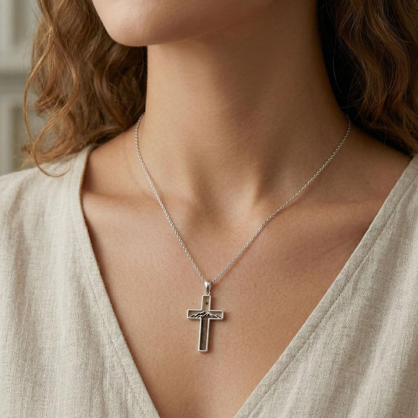Suiknsn Mustard Seed Necklace 925 Sterling Silver Wooden Cross Necklace Cross Mountain Pendant Religious Christian Jewelry Hiking Gifts for Women Mom